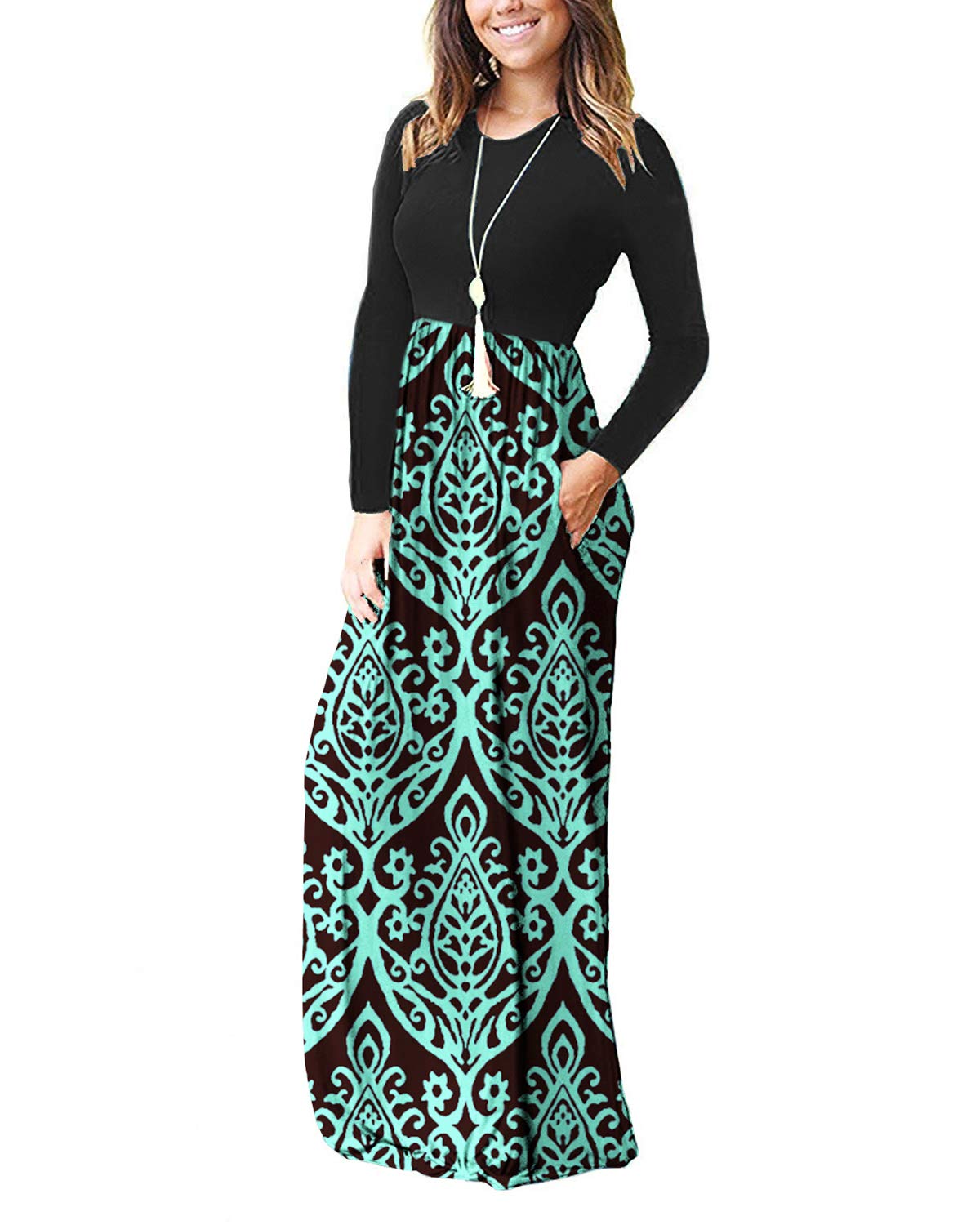 MISFAY Women's Long Sleeve Casual Maxi Dress with Pockets - Loose Plain Long Dresses for Everyday Wear, Beach Cover Up, and Boho Style Outfits