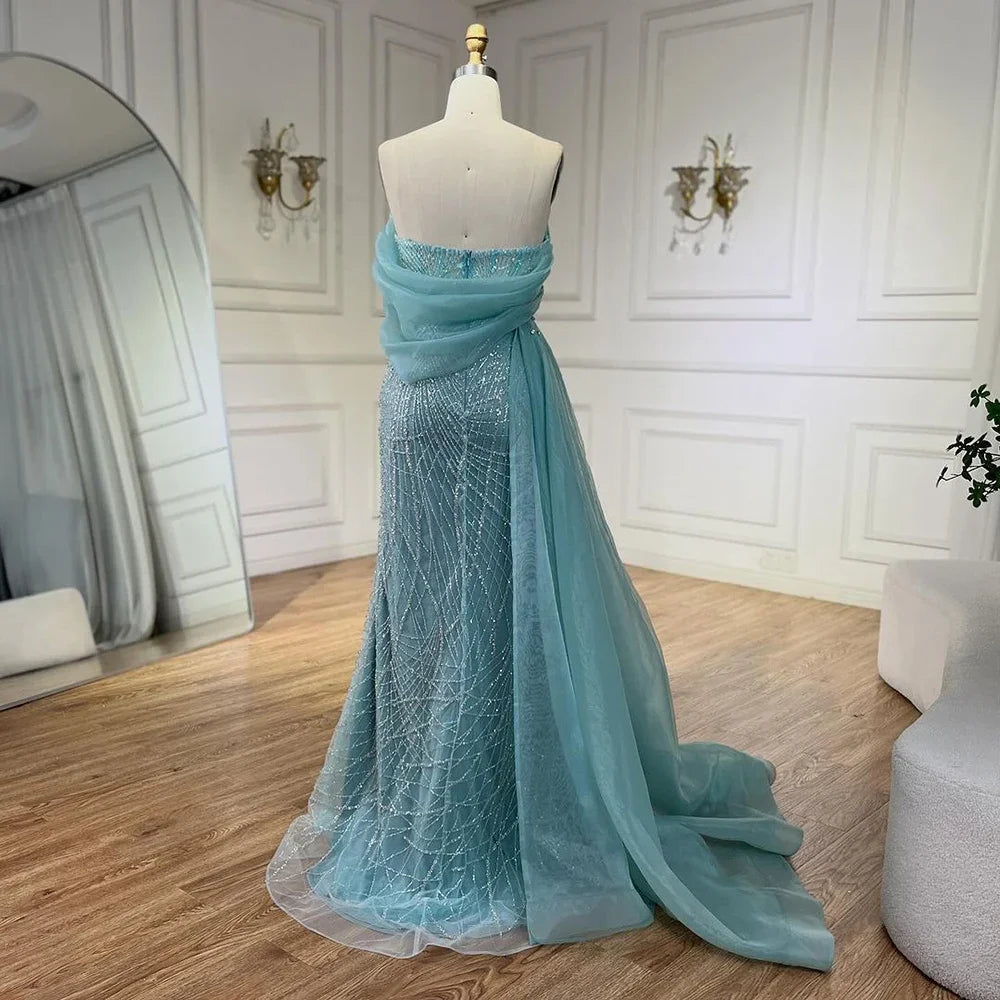 Serene Hill Turquoise Luxury One Shoulder Evening Dress with Side Train & Pearls - Women's Formal Wedding Party Gowns LA72523 | Perfect for Galas, Red Carpet Events & Bridal Showers