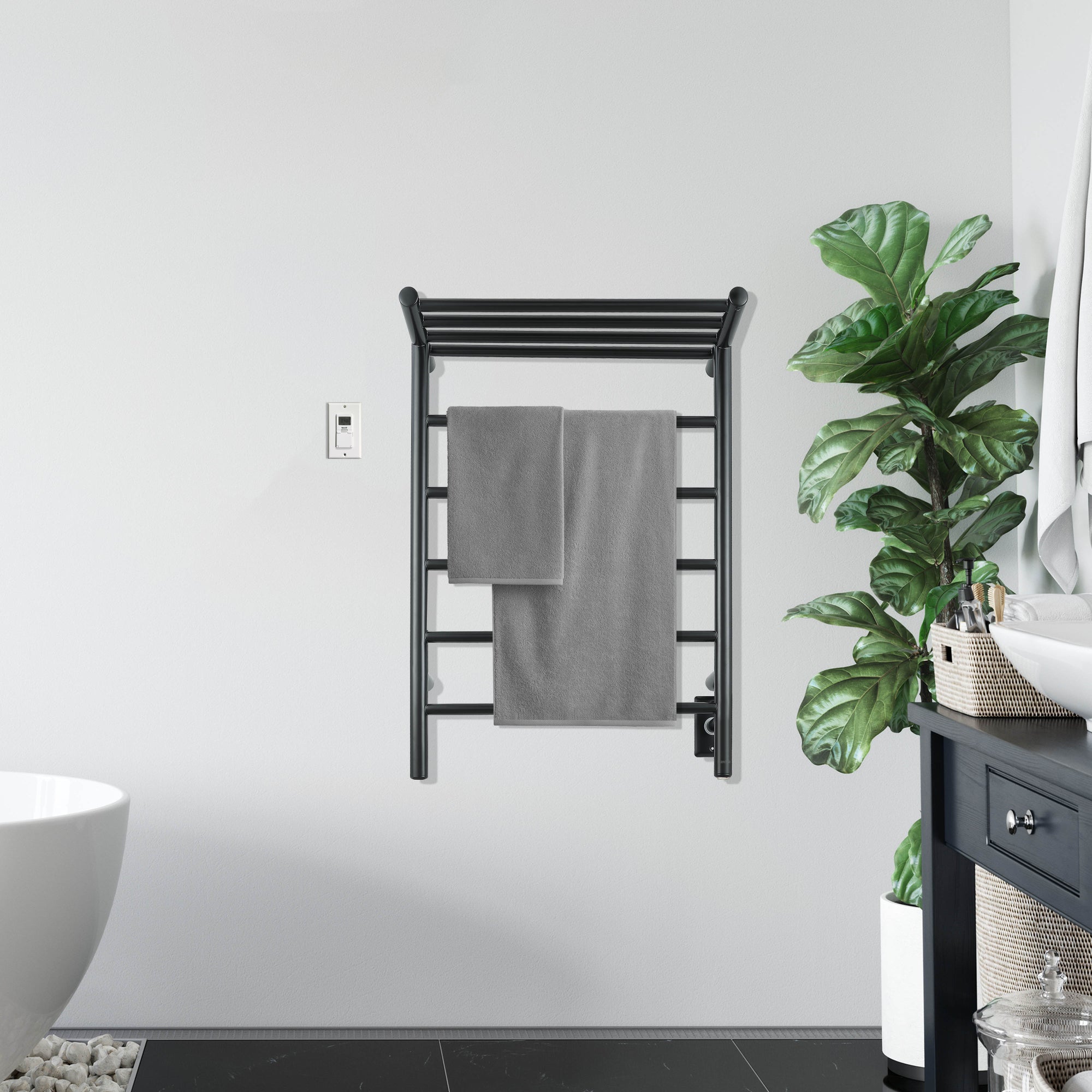 Ancona Miazzo 5 Bar Electric Wall Mount Towel Warmer - Plug In or Hardwire with Shelf & Timer - Matte Black - Perfect for Bathroom, Spa & Luxury Home Heating