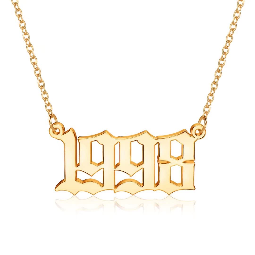 18K Gold Plated Old English Birth Year Necklace for Women - Personalized 1970-2021 Number Pendant Jewelry Gift for Birthday, Anniversary & Mother's Day | Perfect for Everyday Wear, Special Occasions & Gift Giving