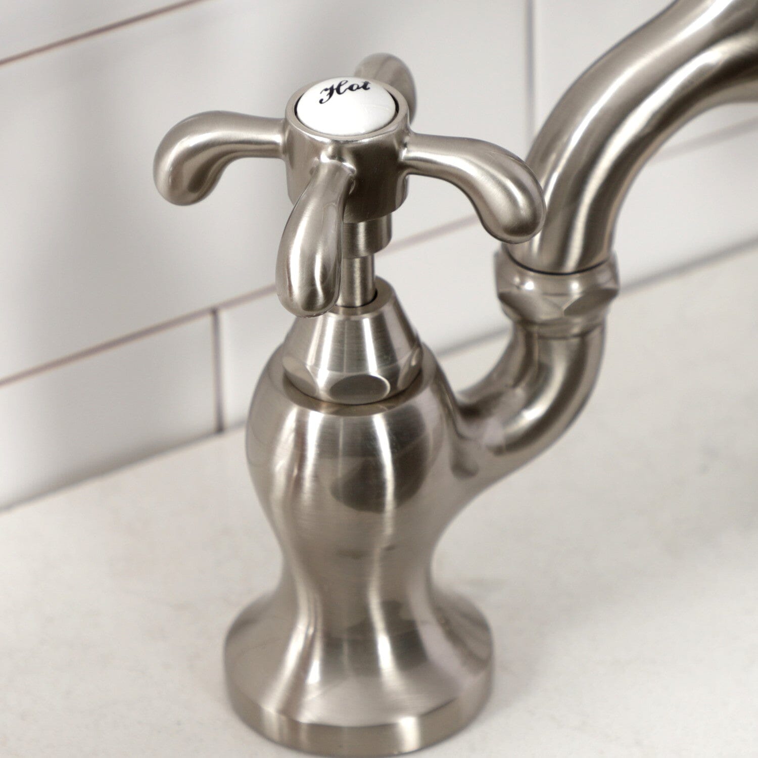 French Country Two-Handle 3-Hole Deck Mount Bridge Kitchen Faucet with Brass Side Sprayer - Perfect for Farmhouse, Cottage & Vintage Style Kitchens (Ideal for Washing Dishes, Filling Pots & Cleaning Countertops)
