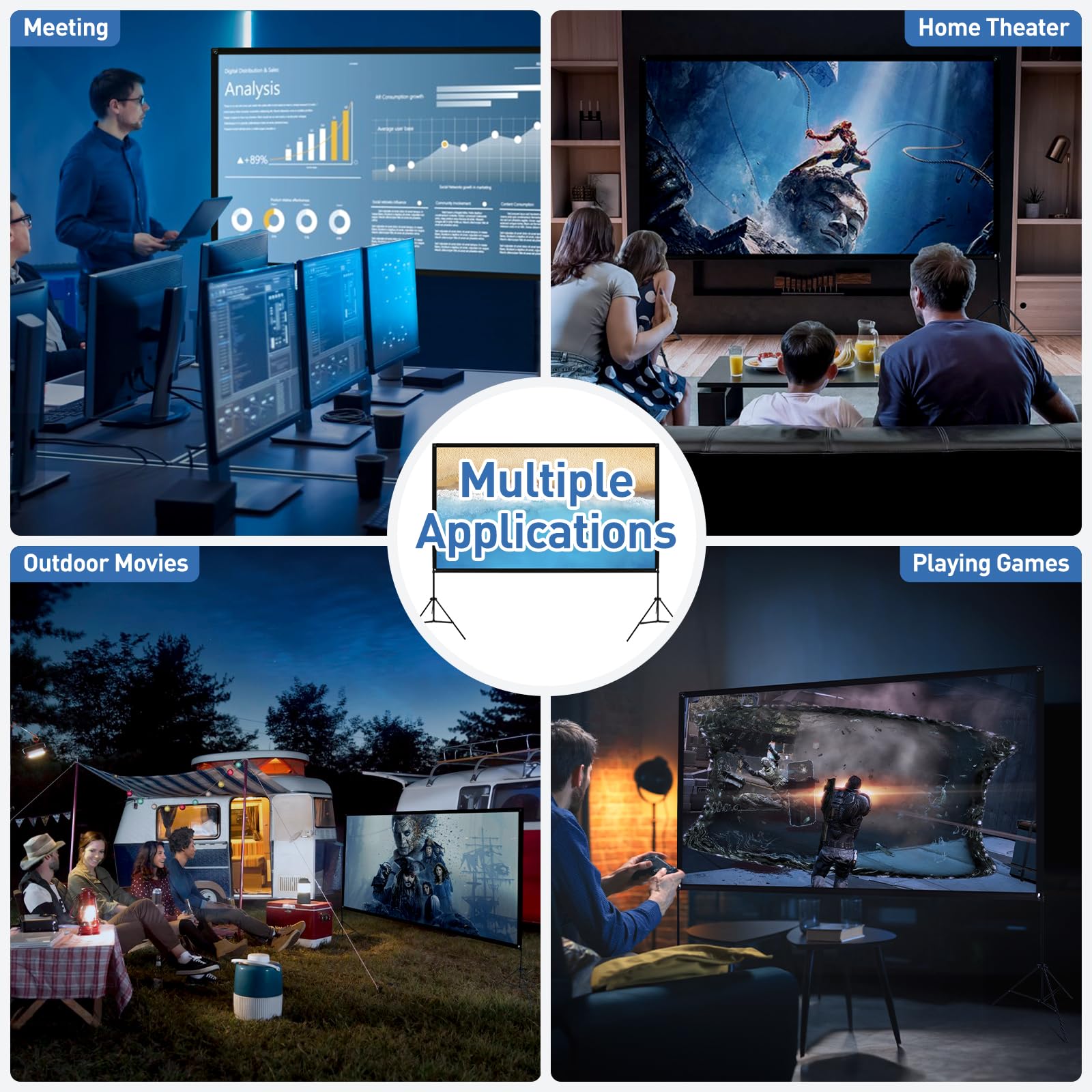 120 Inch Portable Projector Screen with Stand - 16:9 HD 4K Wrinkle-Free Foldable Movie Screen for Indoor/Outdoor Use - Front & Rear Projection with 160° Viewing Angle & Carry Bag - Perfect for Home Theater, Backyard Movies, and Presentations