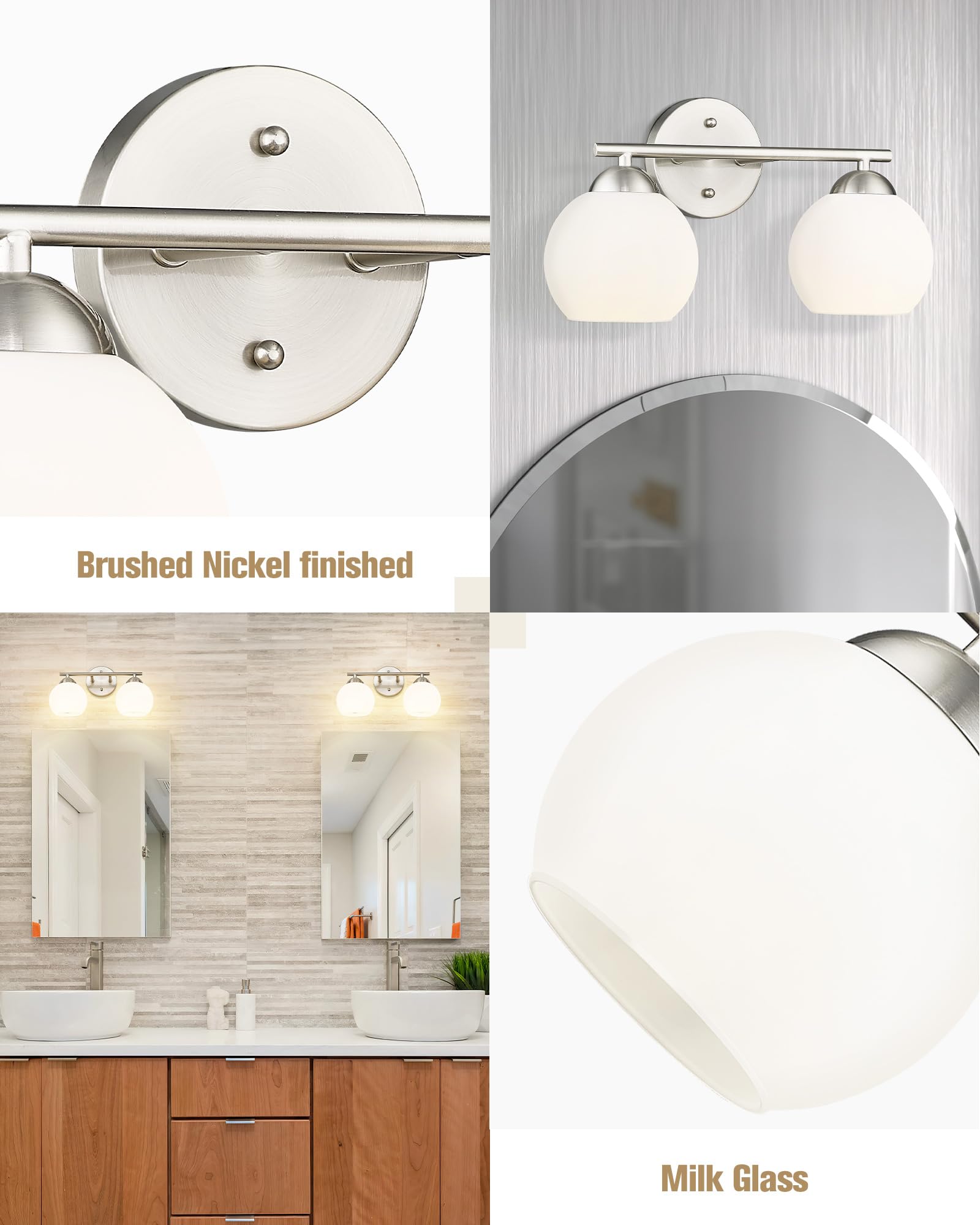 Emak Modern Globe Vanity Lights - Brushed Nickel Bathroom Light Fixtures with Milk Glass Shade, 2-Light Bathroom Vanity Lighting for Bathroom, Bedroom & Dressing Room Makeup Area