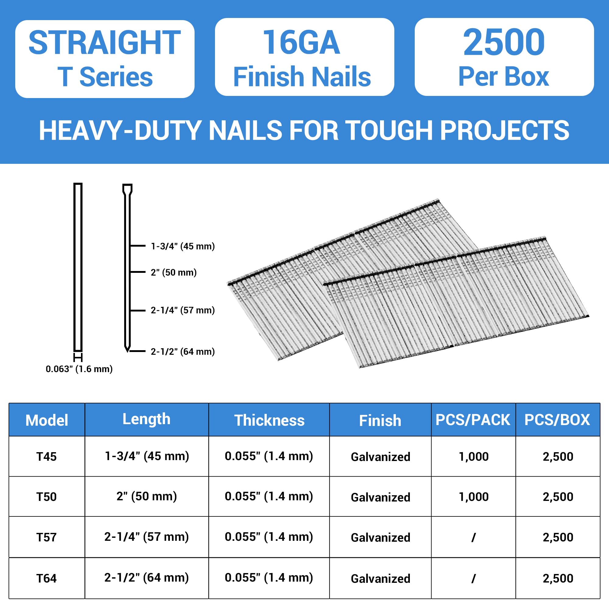 Meite 16 Gauge 2-1/2 Inch Galvanized Finish Nails for Electric & Pneumatic Nailer Guns - 1 Box (2000 Count) - Perfect for Trim Work, Crown Molding, and Baseboard Installation