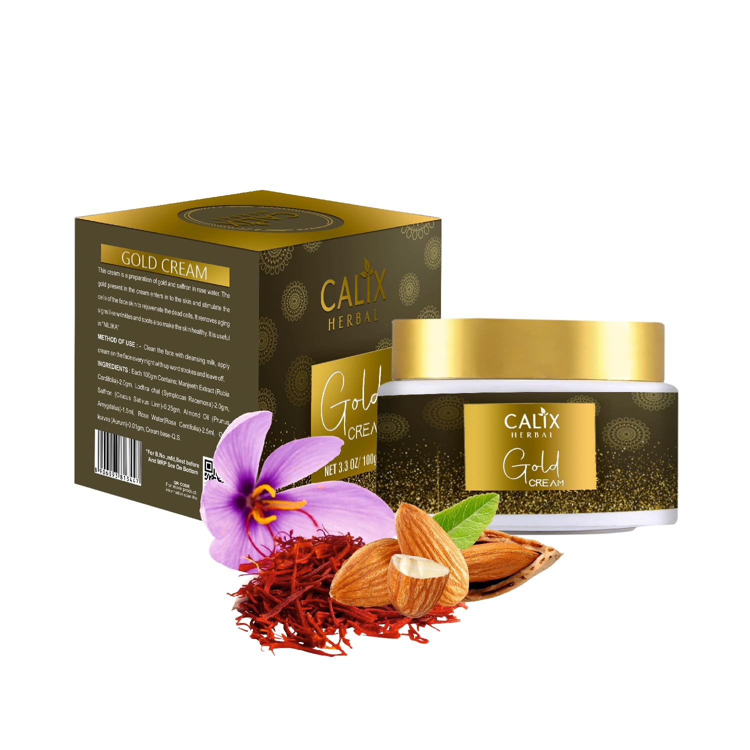 Calix Herbal Ayurvedic Gold Cream with Saffron & Rose Water - Anti-Aging Face Cream for Wrinkles, Dark Spots & Glowing Skin - Suitable for All Skin Types (Men & Women) - 50gm | Perfect for Daily Skincare Routine & Special Occasion Radiance