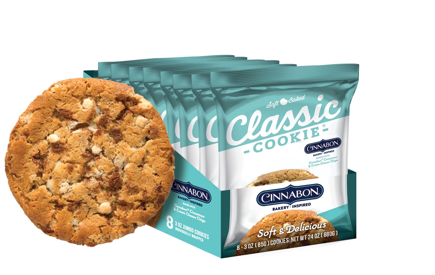 Soft Baked Cinnabon® Cinnamon Cream Cheese Cookies - 12 Boxes (96 Individually Wrapped) - Classic Bakery Treats for Parties, Gifts & Office Snacks