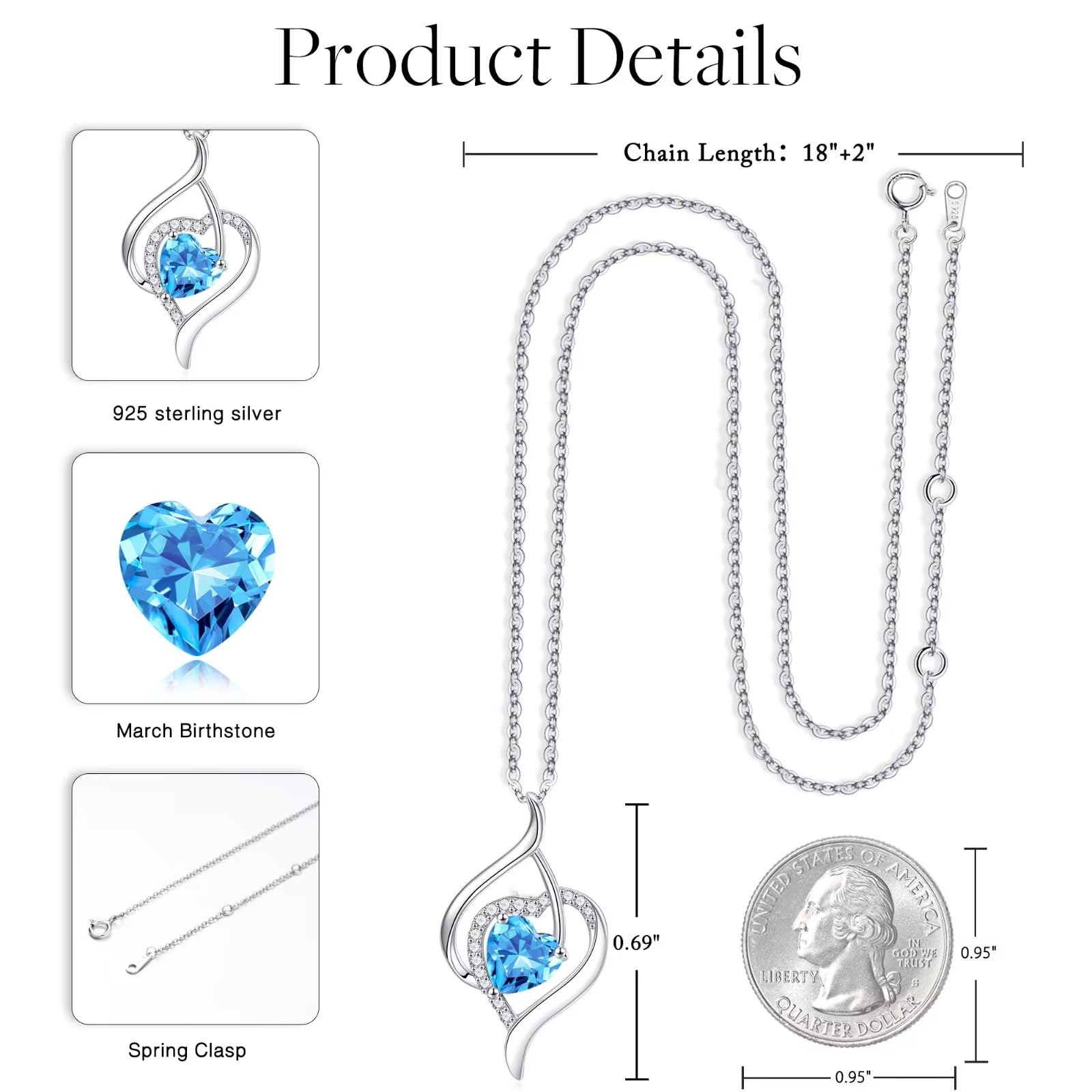 925 Sterling Silver Birthstone Heart Necklace for Women - Personalized Anniversary Birthday Gift for Wife Mom Sister - Perfect for Valentine's Day, Mother's Day & Special Occasions