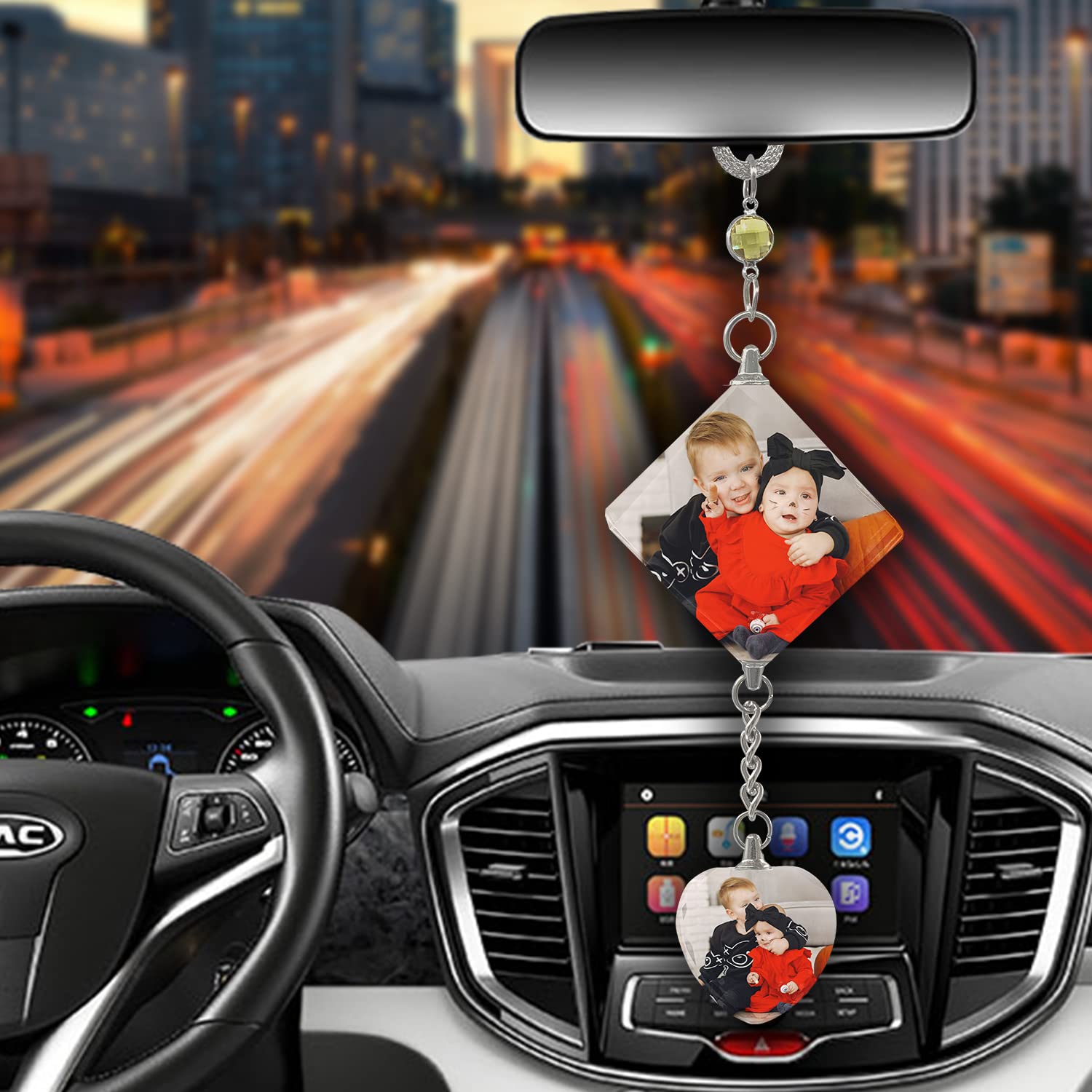 Custom Car Hanging Photo Frame - Personalized 2-Picture Crystal Ornament for Rearview Mirror | Unique Car Decoration & Best Daddy Day Gift | Perfect for Family Photos, Road Trips, and Special Occasions