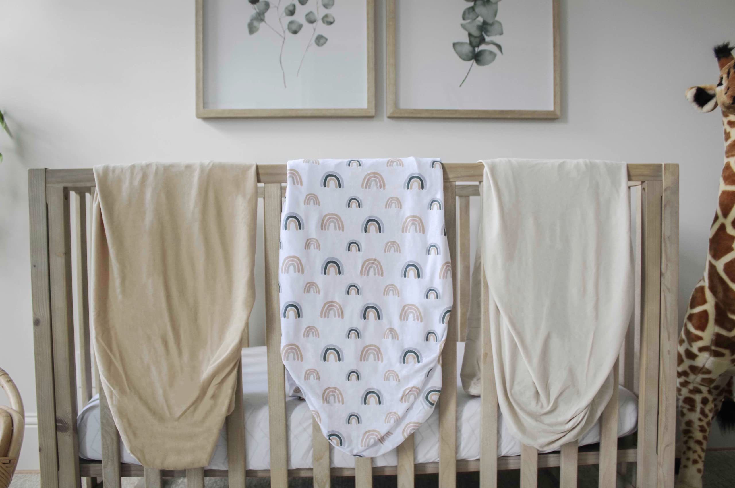 NODNAL CO. 3-Pack Fitted Crib Sheets Set - 100% Oeko-TEX Certified Cotton Baby Crib Sheets for Boys & Girls - Rainbow & Solid Colors, Boho Gender Neutral Watercolor Beige/Tan - Fits Toddler Mattress 28”x52”x9” - Perfect for Nursery, Daycare & Travel