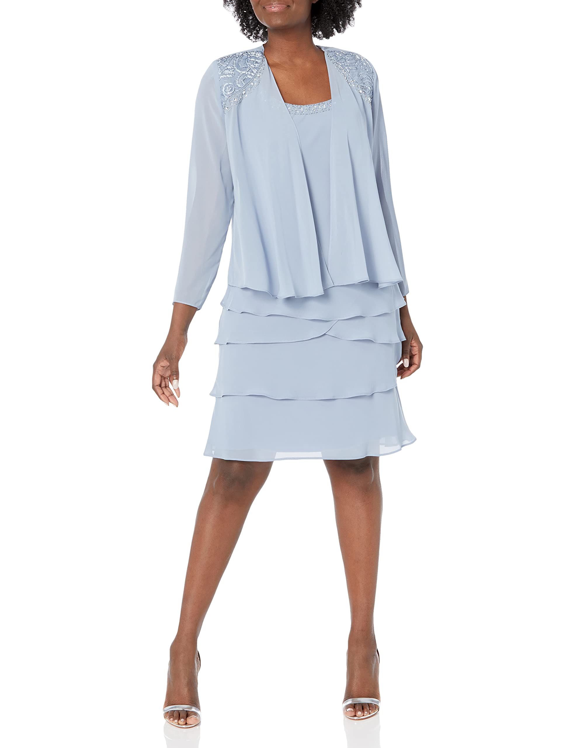 Elegant S.L. Fashions Women's Mother of The Bride Jacket Dress with Tiered Skirt & Shoulder Embellishment - Petite & Regular Sizes - Perfect for Weddings, Formal Events & Special Occasions