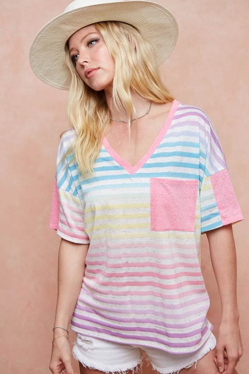 BiBi Rainbow Stripe Printed Triblend Knit Top - Women's Soft Comfortable Casual T-Shirt for Everyday Wear, Street Style & Summer Outfits