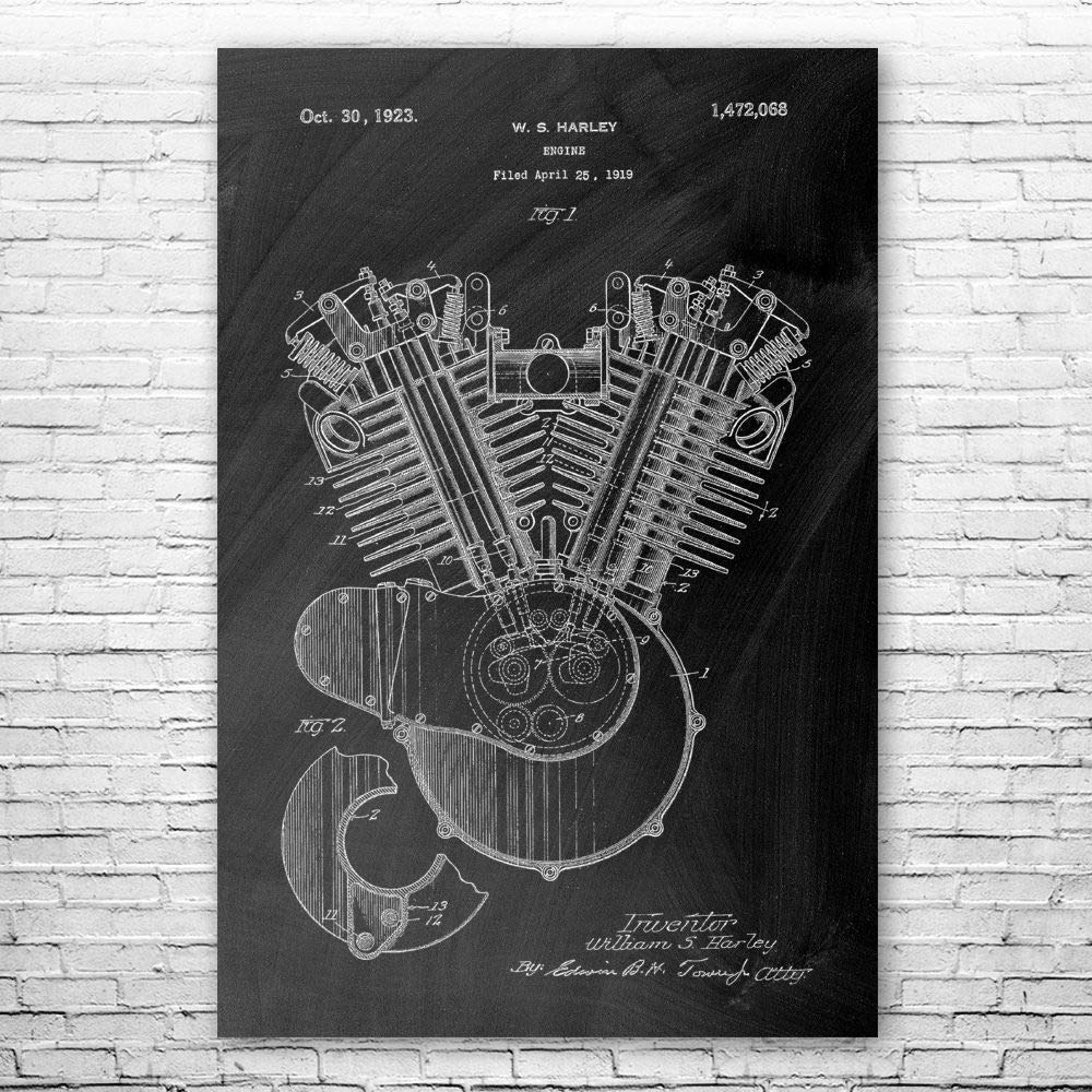 Patent Earth Motorcycle Engine Blueprint Poster - 8x10 Inch Black Chalkboard Wall Art - Perfect for Bike Shop Decor, Mechanic Gifts & Biker Man Cave - Great for Garage, Workshop & Motorcycle Enthusiast Spaces
