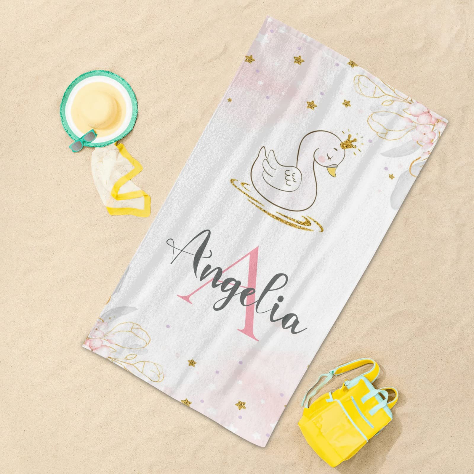 Custom Personalized Beach Towel - Soft Absorbent Quick-Dry Bath Towel Blanket for Swimming, Pool, Travel - Ideal for Kids, Men, Women, Boys & Girls - Swan Flower Pink Design - Perfect for Beach Vacations, Summer Outings & Water Activities