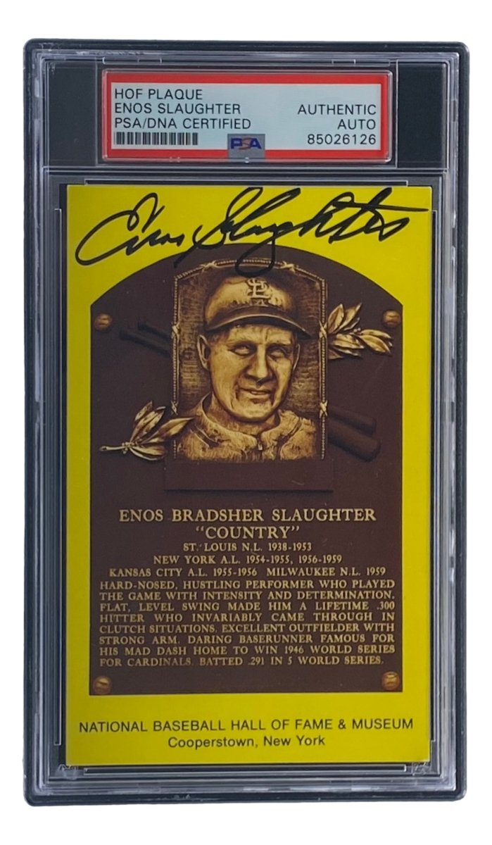 Enos Slaughter Autographed 4x6 St. Louis Cardinals HOF Plaque Card - PSA/DNA Certified 85026126 - Perfect for Baseball Memorabilia Collections & Sports Fan Gifts