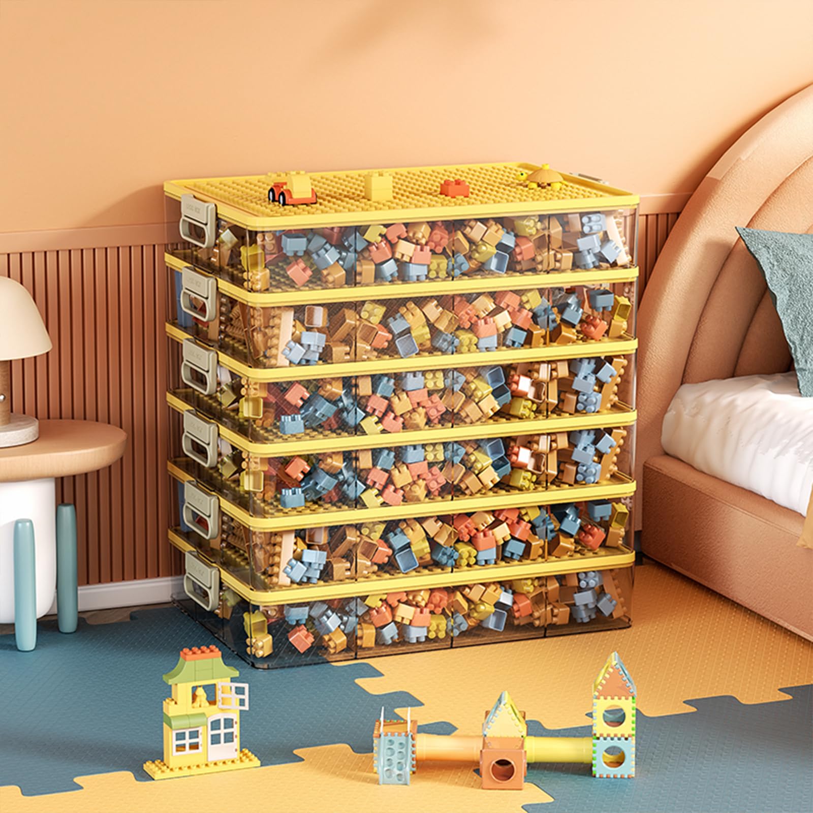 **Stackable Lego Storage Organizer Bins - 24 Grid Plastic Toy Organizer for Building Blocks, Kids Toys & Playroom Organization (Yellow, 2 Layers) - Perfect for Home, Classroom & Daycare Storage Solutions**