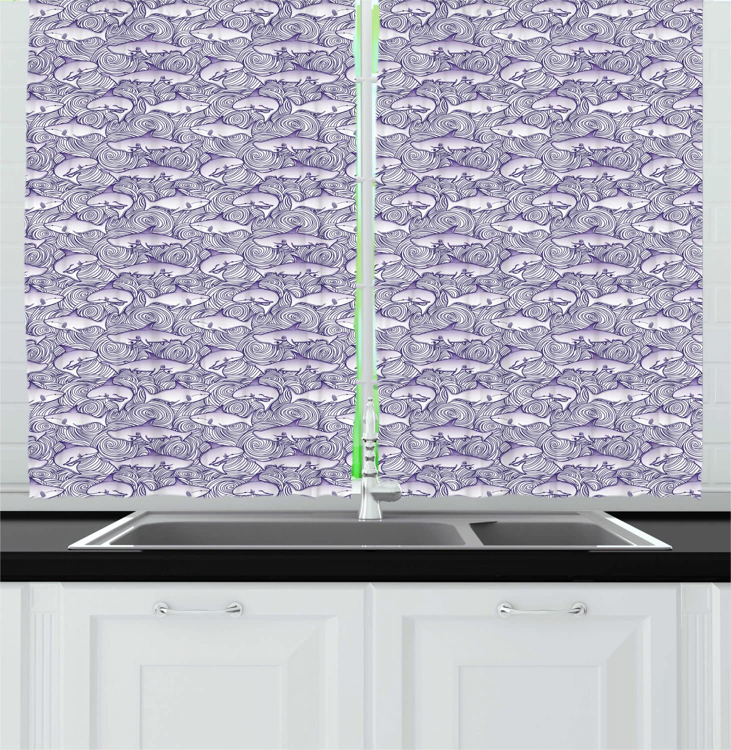 Ambesonne Marine Long Kitchen Curtains - Underwater Hammerhead Sharks Ocean Waves Print, Dark Purple & White Sea Themed Drapes (Set of 2 Panels, 55