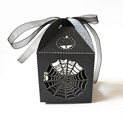 SOLUSTRE 50pcs Halloween Candy Gift Boxes with Ribbon & Spider Web Design - Reusable Snack Containers, Treat Bags for Halloween Party Favors, Classroom Treats, Trick-or-Treating & Holiday Gift Giving