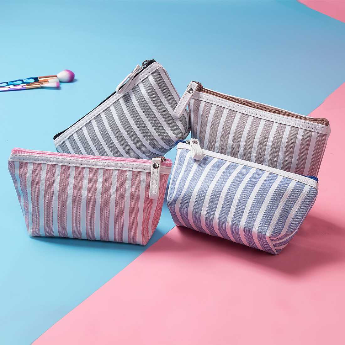 Miyahouse Striped Canvas Cosmetic Bag for Women - Waterproof Travel Makeup Pouch & Toiletry Organizer - Perfect for Gym, Vacation, and Daily Essentials Storage