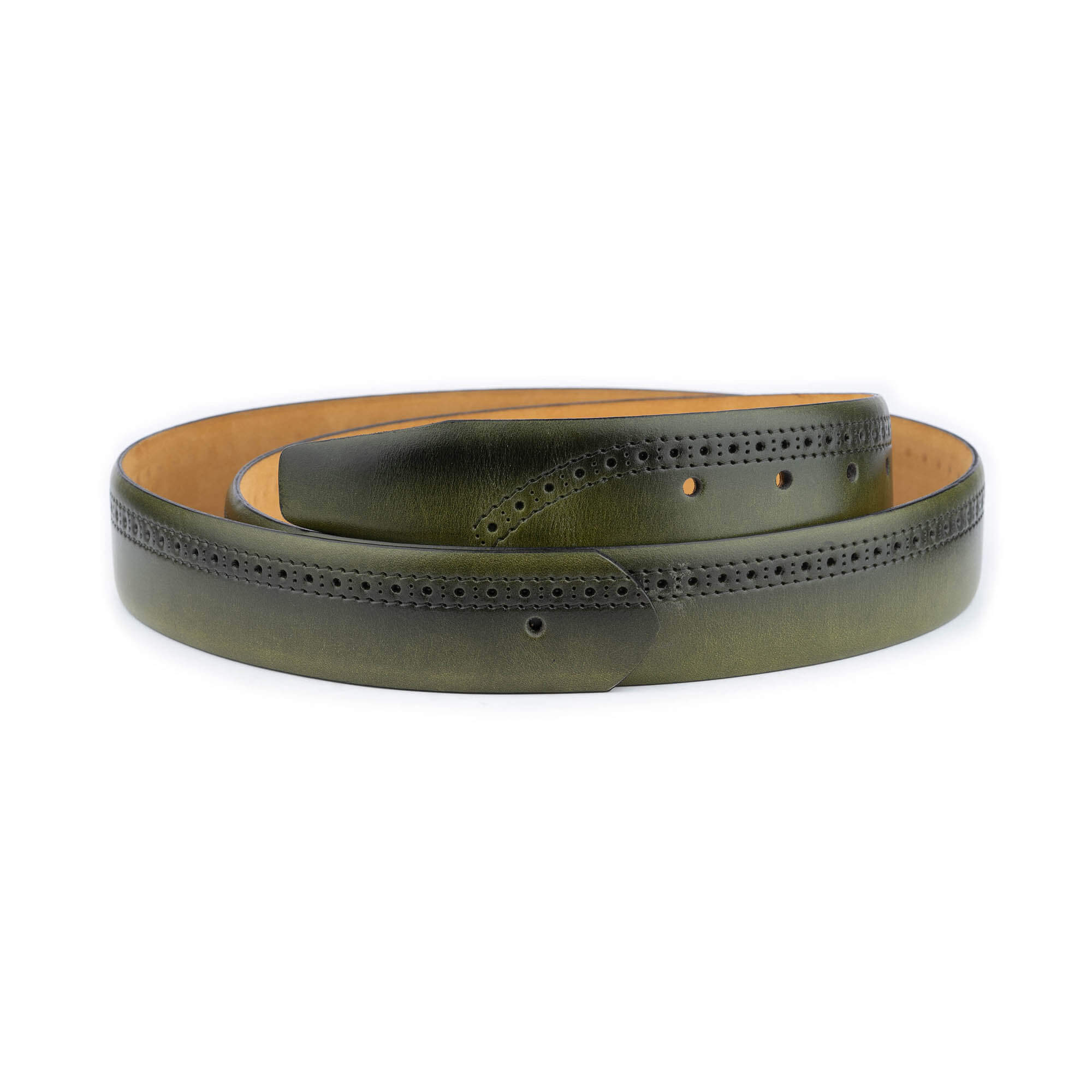Premium Men's Green Leather Belt - Genuine Calfskin with Perforated Design - Compatible with Ferragamo Buckles - Perfect for Business Attire, Casual Wear & Formal Occasions