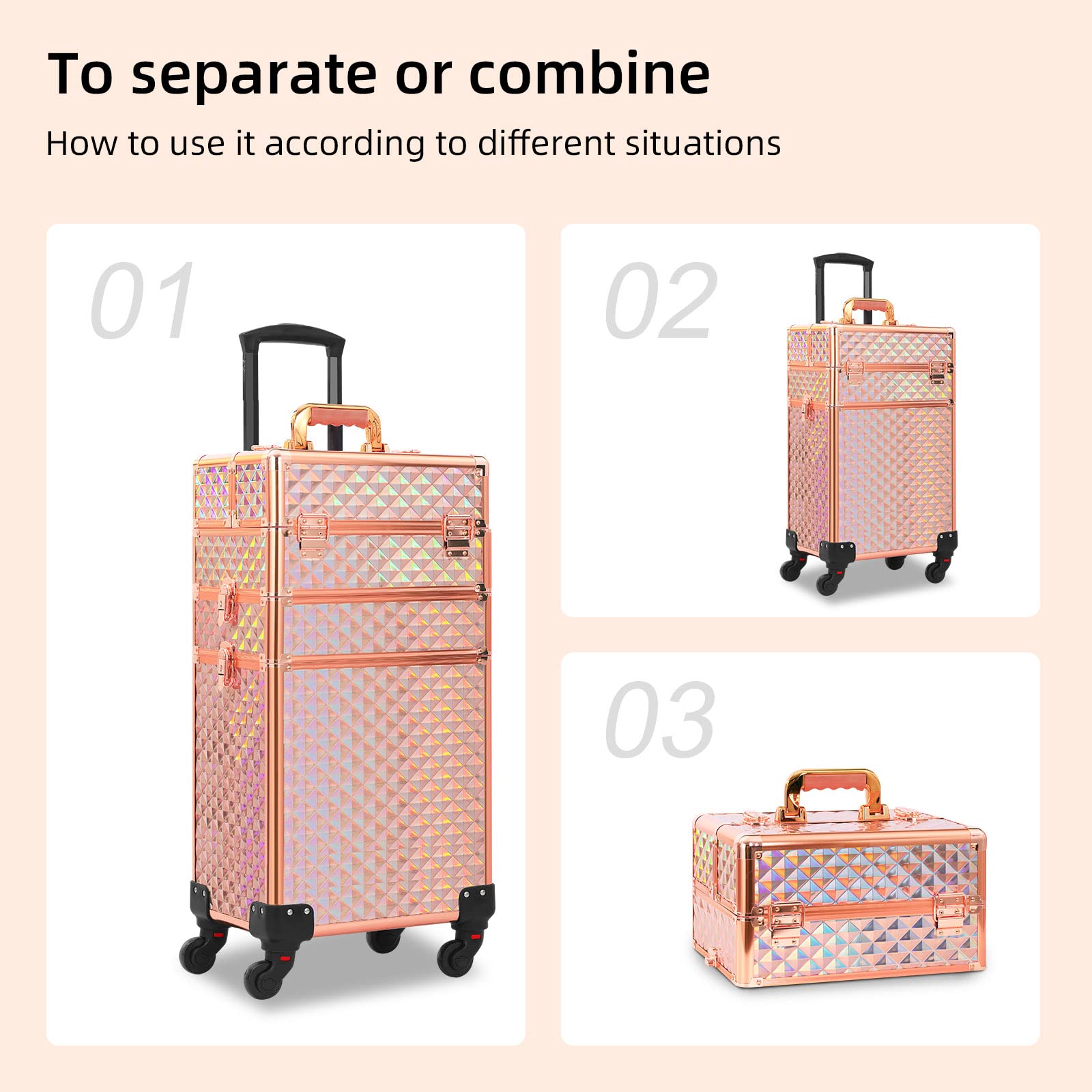Professional 3-in-1 Rolling Makeup Train Case with Large Storage - Rose Gold & Pink Cosmetic Organizer Trolley for Salon, Barber, Travel & On-the-Go Beauty Professionals
