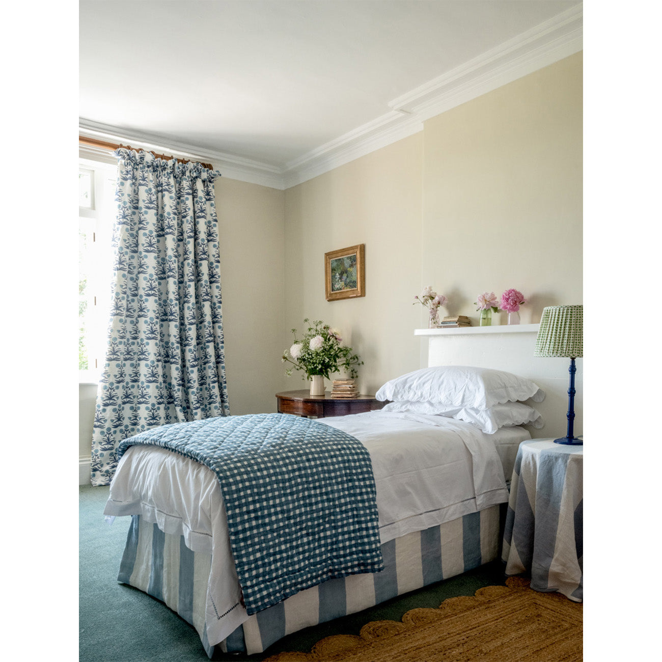 Blue Wide Stripe Block Printed Linen Fabric - Perfect for DIY Home Decor, Upholstery, and Fashion Sewing Projects