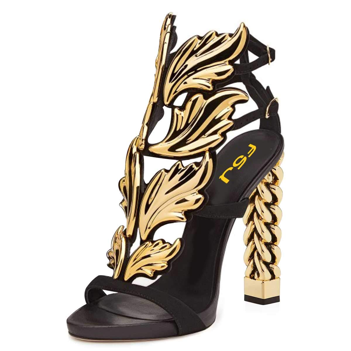 FSJ Women's Gold Metal Chain High Heel Sandals - Open Toe Strappy Gladiator Shoes with Ankle Buckle Strap - Comfortable Slingback Summer Dress Pumps (Size 11 US) - Perfect for Weddings, Parties and Evening Events