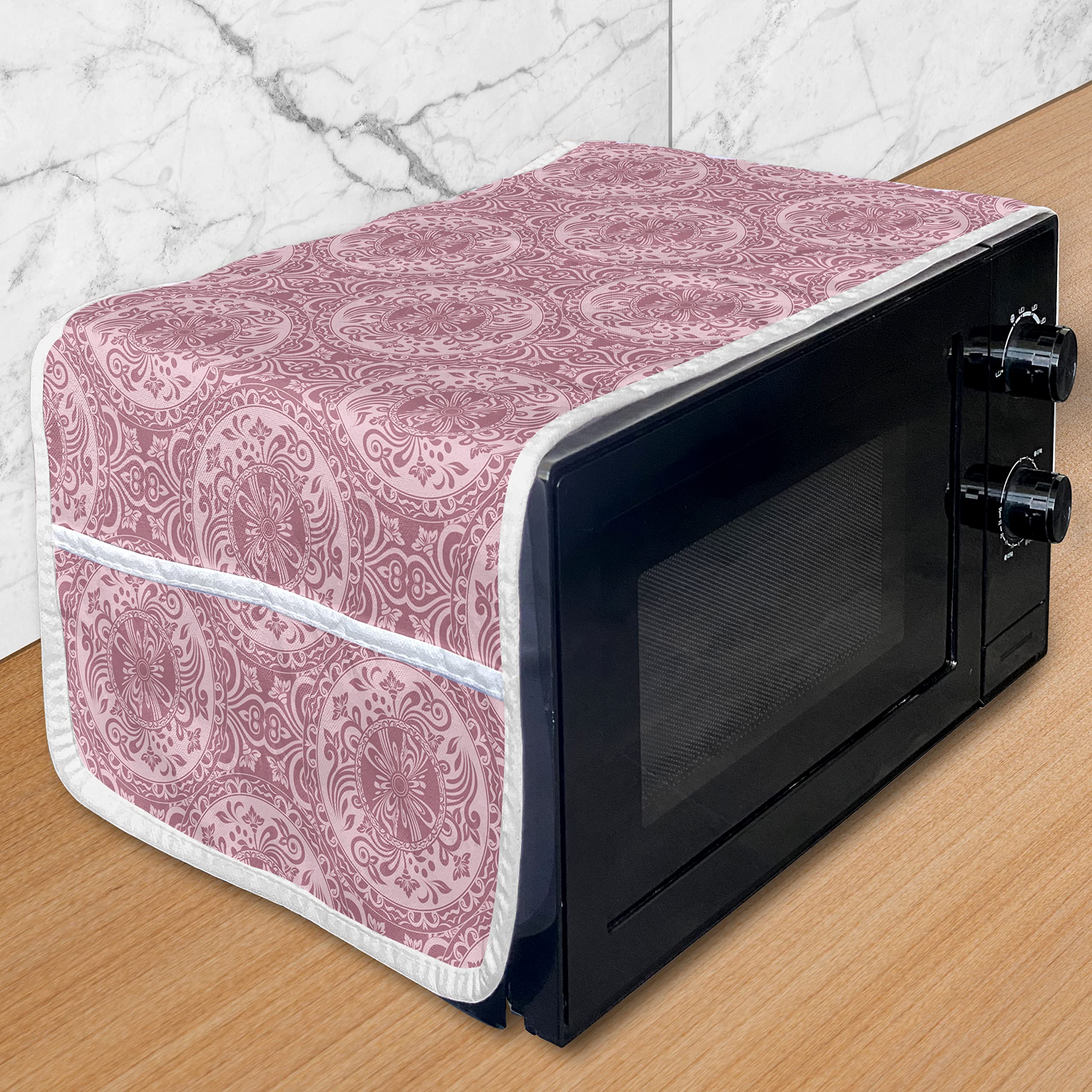 Ambesonne Damask Microwave Cover - Monochrome Floral & Circles Design, Waterproof Kitchen Organizer with Pockets (36
