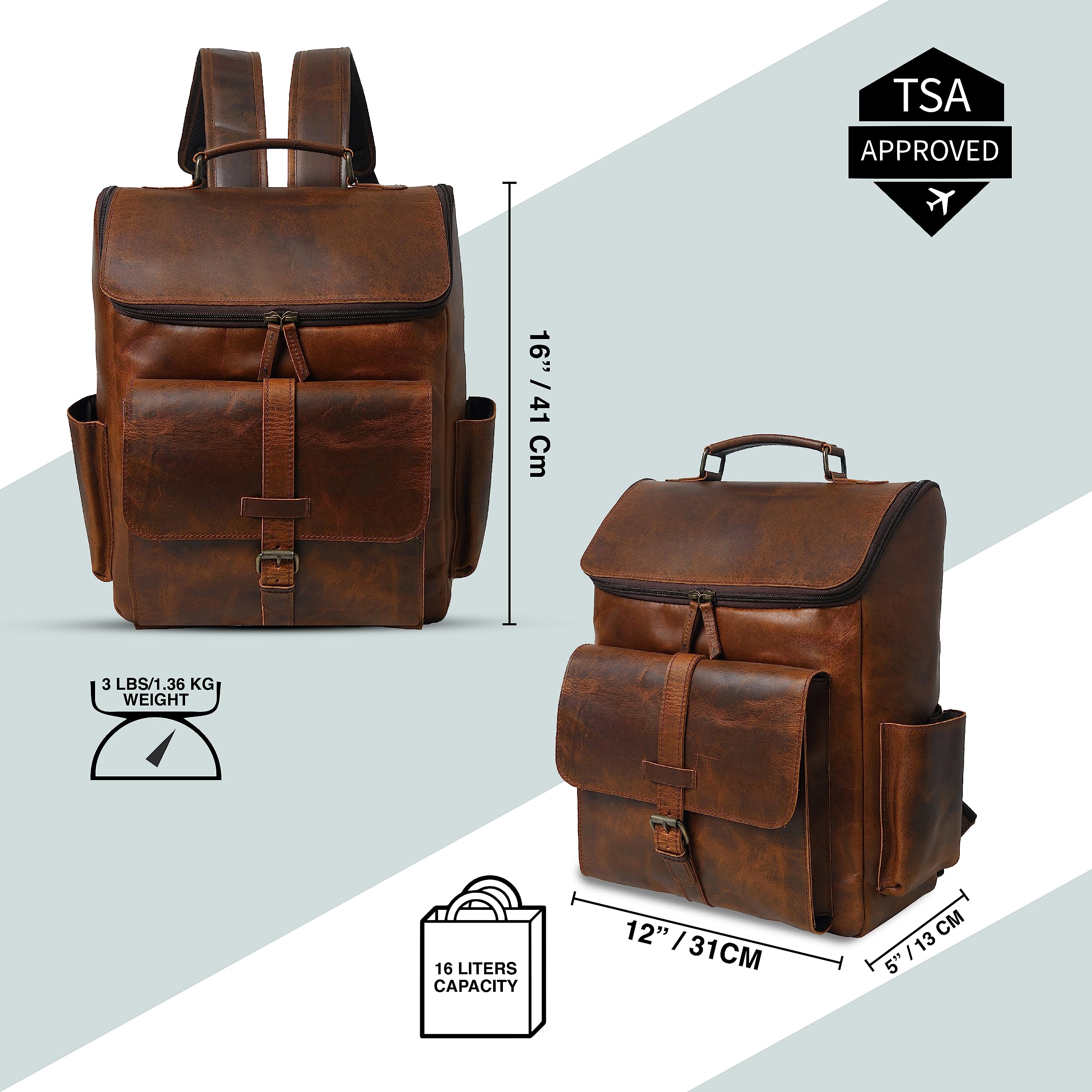 Premium Top Grain Leather Backpack for Men & Women - 16