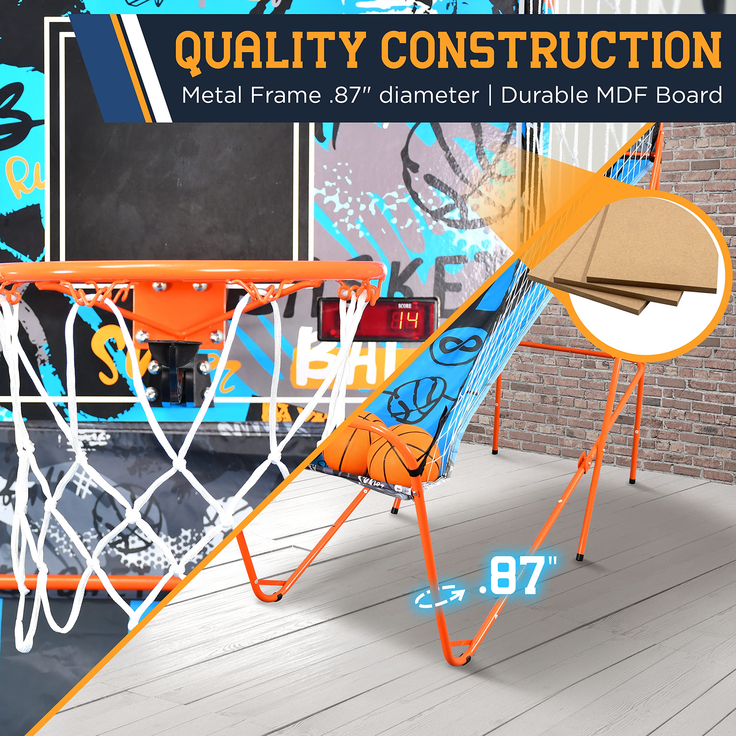 SereneLife Single Shot Basketball Arcade Game with LED Digital Scoreboard & Timer - Includes 3 Basketballs & Air Pump - Foldable Compact Design for Kids & Adults - Perfect for Indoor Playrooms, Game Rooms, and Family Fun Nights