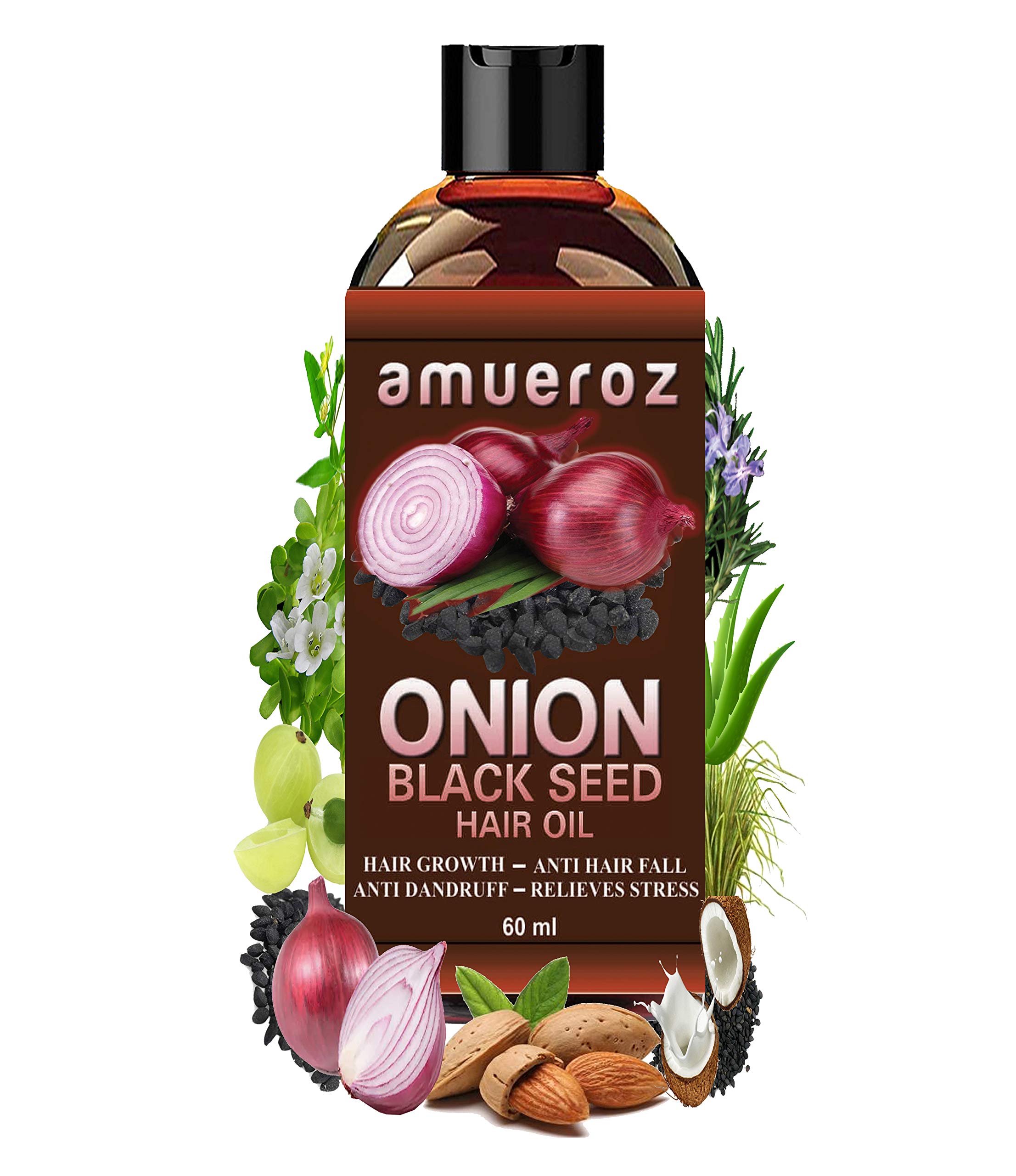 Amueroz Onion Black Seed Hair Oil for Hair Growth & Scalp Care - Anti Hair Loss, Anti Dandruff Treatment, 60ml - Promotes Thicker, Healthier Hair for Men & Women - Perfect for Daily Hair & Scalp Nourishment