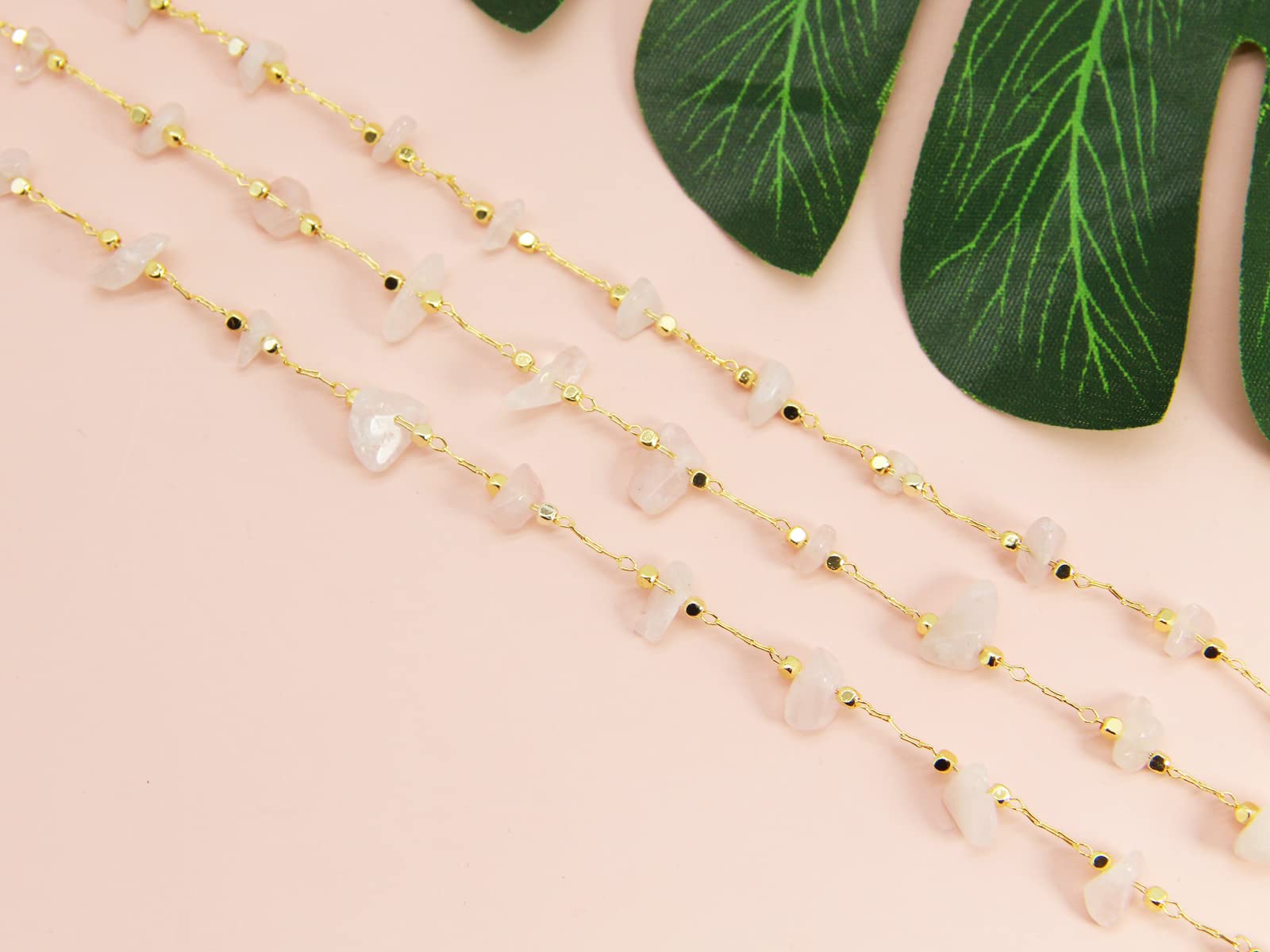 Handmade Natural Rose Quartz Beading Chain with Gold Plated Brass Findings - Jewelry Making Supplies for Bracelets, Necklaces & DIY Crafts - Perfect for Home Decor, Fashion Accessories & Gift Giving (CC60 Rose Quartz)