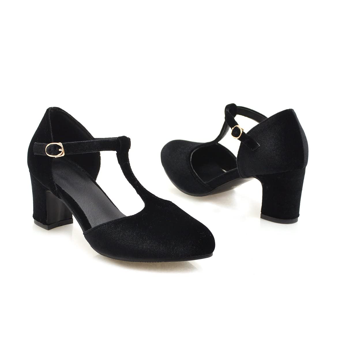 Women's T-Strap Chunky Heel Pumps - Velvet Block High Heels in Black & Green | Closed Toe Dress Shoes with Ankle Strap for Parties, Weddings & Evening Events