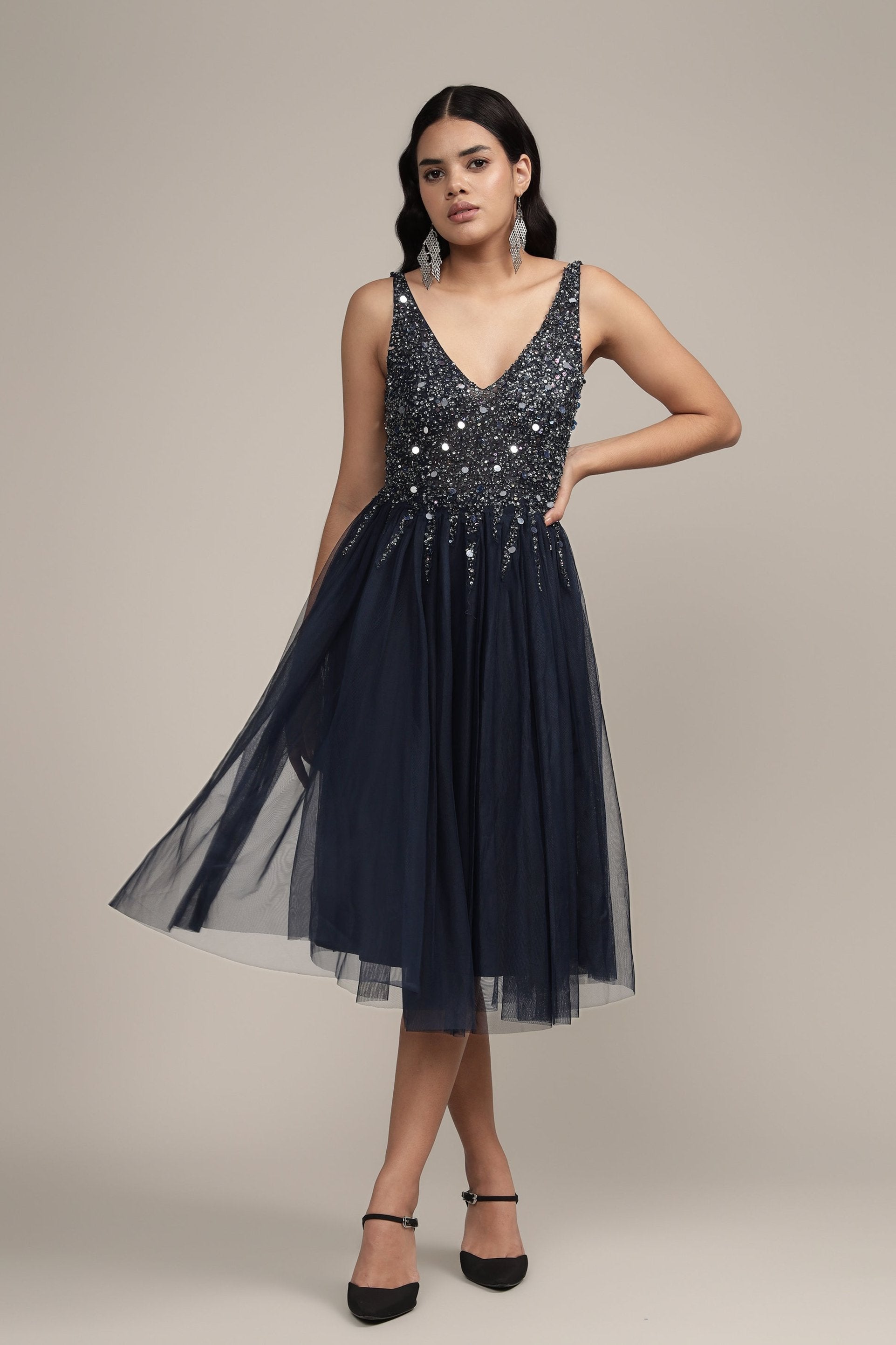 Elegant Dark Blue Embellished Mini Dress for Women - Perfect for Cocktail Parties, Date Nights & Special Occasions