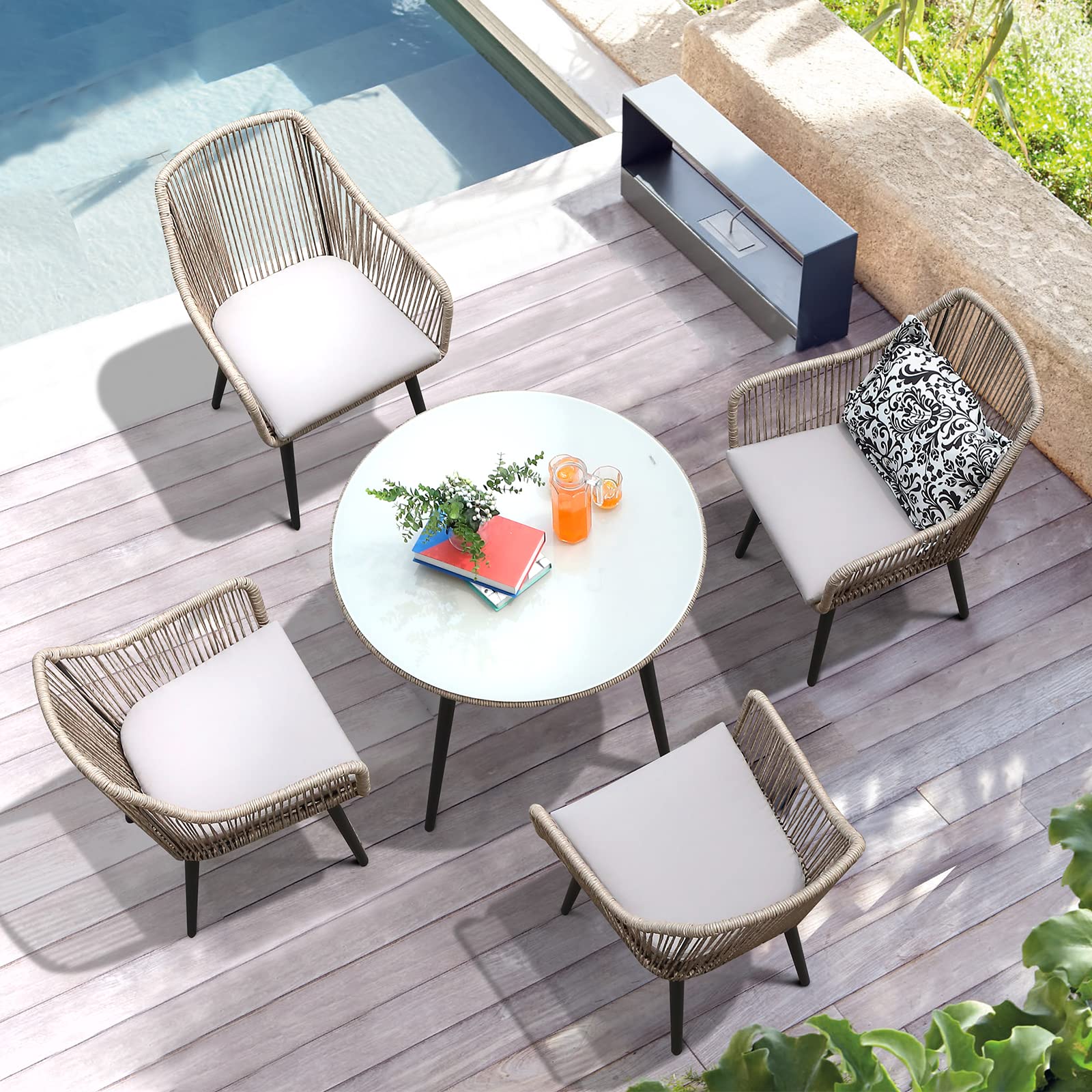 35'' Round Patio Dining Table - All-Weather Rattan Wicker with Tempered Glass Top & Umbrella Hole - Outdoor Coffee Table for Garden, Poolside, Backyard, Restaurant (Tan) | Perfect for Al Fresco Dining, Pool Parties & Outdoor Entertaining