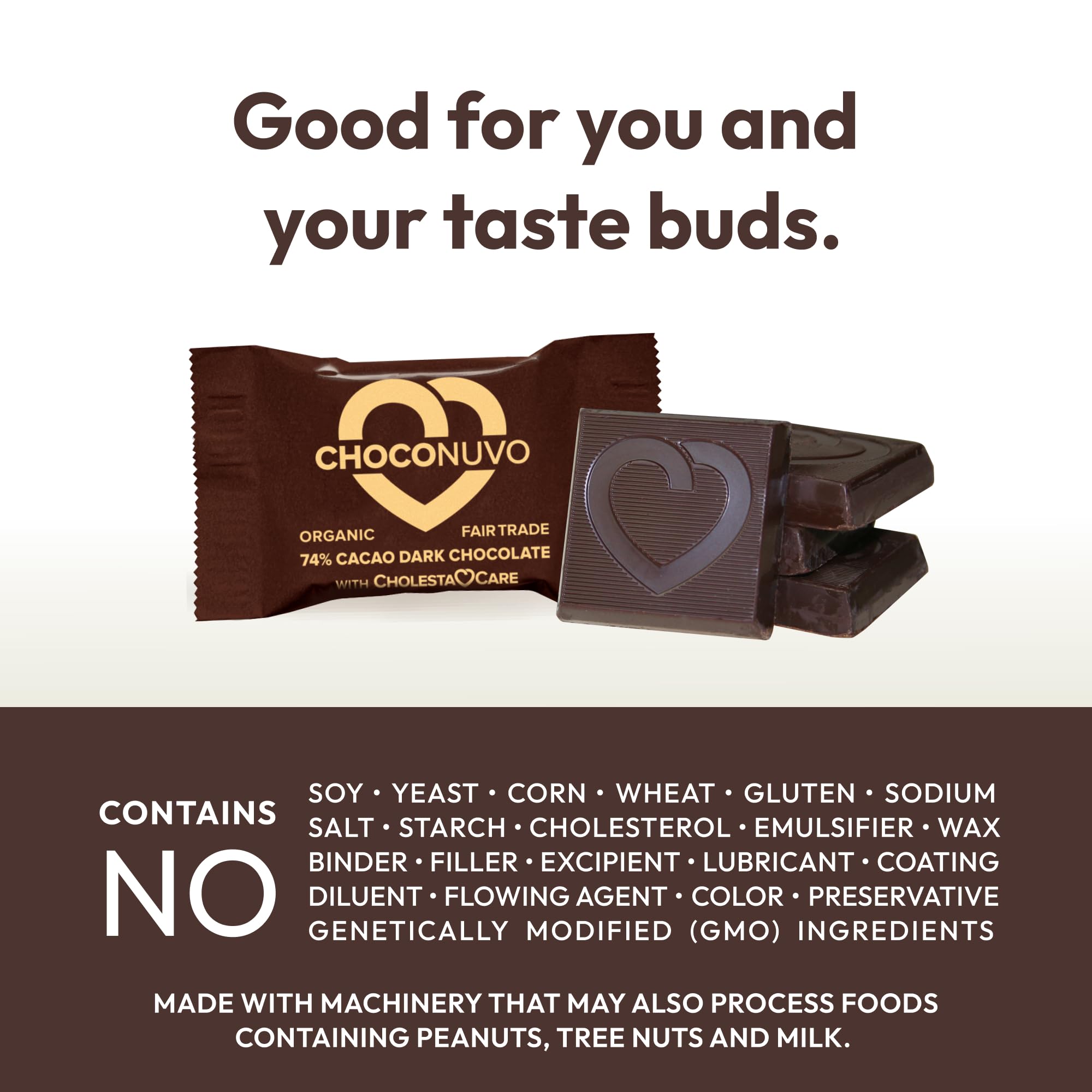 ANDREW LESSMAN ChocoNuvo 74% Cacao Dark Chocolate - 180 Organic Fair Trade Pieces with Plant Sterols for Healthy Cholesterol | Low Calorie (26 Cal/Sq), Low Fat, Low Sugar | Perfect for Healthy Snacking & Heart-Conscious Diets