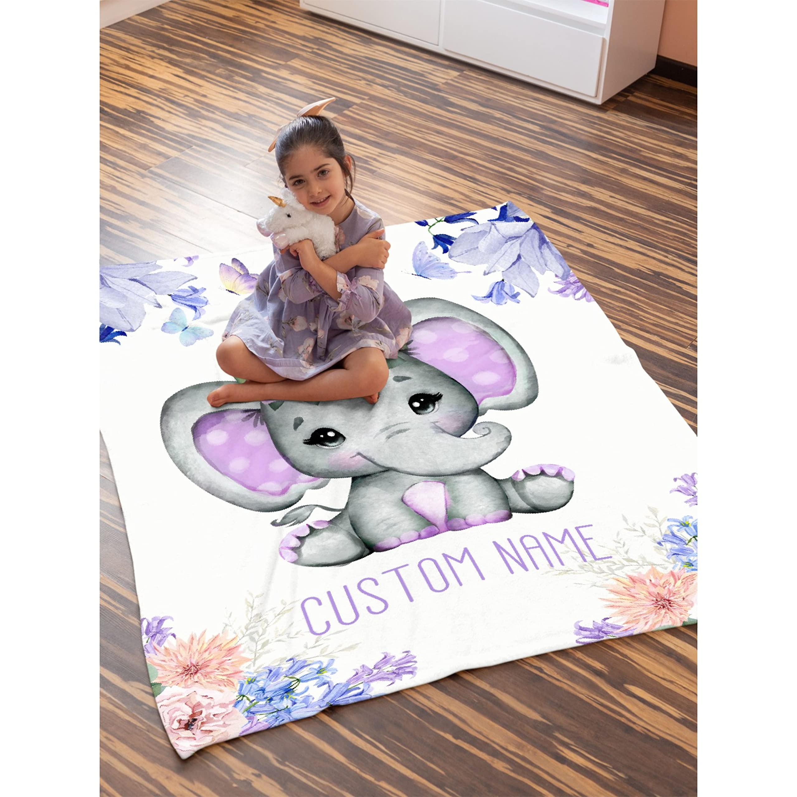 Personalized Baby Blanket with Name - Purple Floral Elephant Fleece Blanket for Girls & Boys | Custom Baby Shower Gift, Birthday Present for Daughter, Granddaughter, Niece | 120