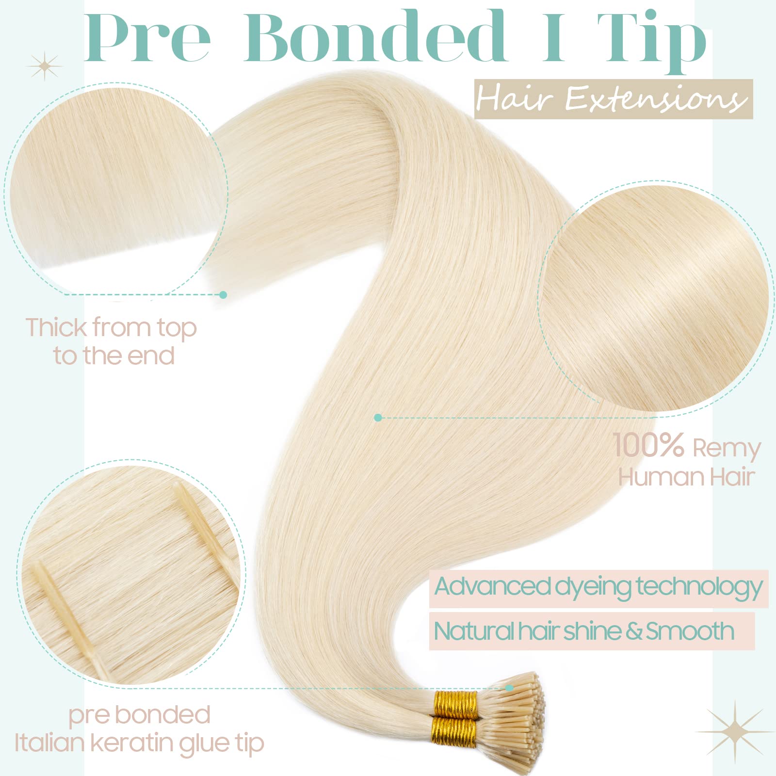 S-noilite Pre Bonded I-Tip Human Hair Extensions 16 Inch 100 Strands (50g) - #60 Platinum Blonde | Cold Fusion Stick Tip Real Human Hair with Invisible Keratin Glue | Perfect for Parties, Weddings & Daily Styling