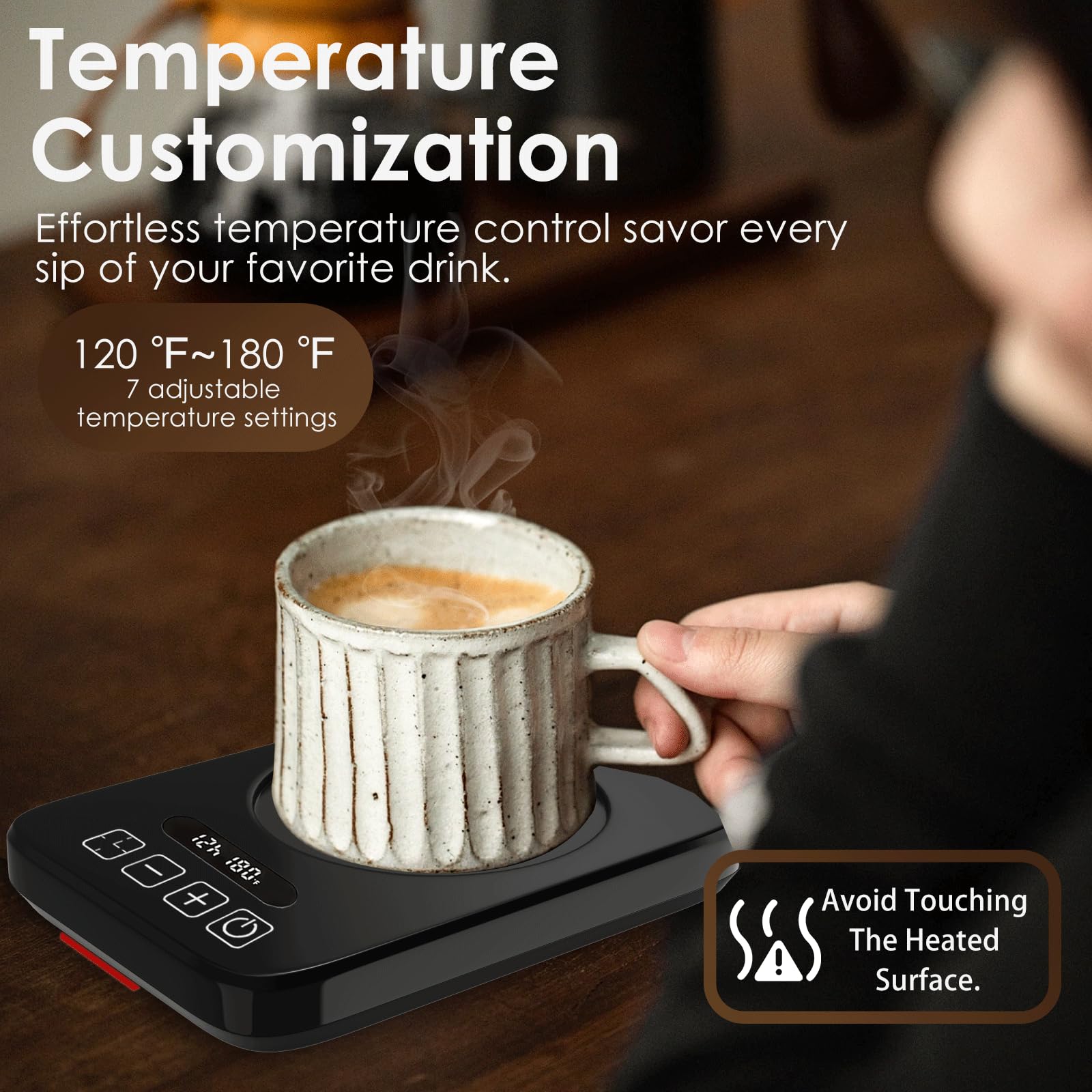Adjustable Coffee Cup Warmer for Desk (120°F-180°F) with Auto Shut Off (1-12H) - Fast Heating Beverage Warmer for Coffee, Tea & Milk - Perfect for Office, Home & Dorm Use - Black
