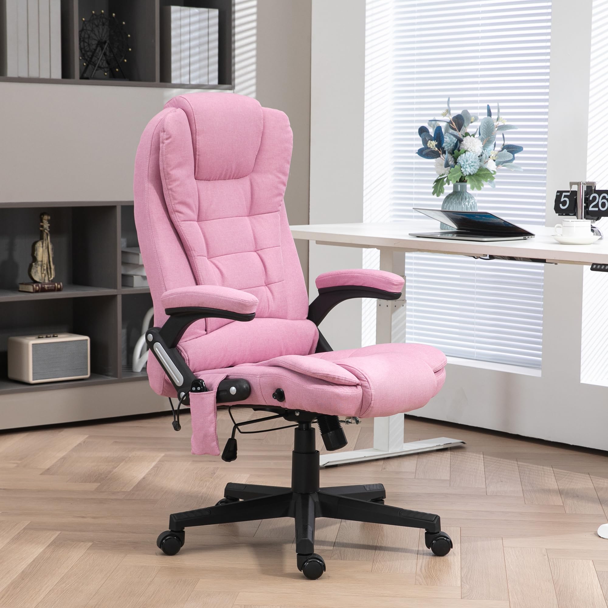 Vinsetto 6-Point Vibrating Massage Office Chair with Heating - High Back Executive Ergonomic Chair with Reclining Function, Padded Armrests & Remote Control (Pink) - Perfect for Home Office, Gaming & Relaxation