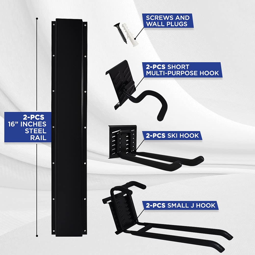 WHISTLER Heavy Duty Garage Tool Organizer Wall Mount Rack - Powder Coated Steel Rails with 6 Utility Hooks for Yard Tools Storage - Perfect for Garage, Shed, and Workshop Organization