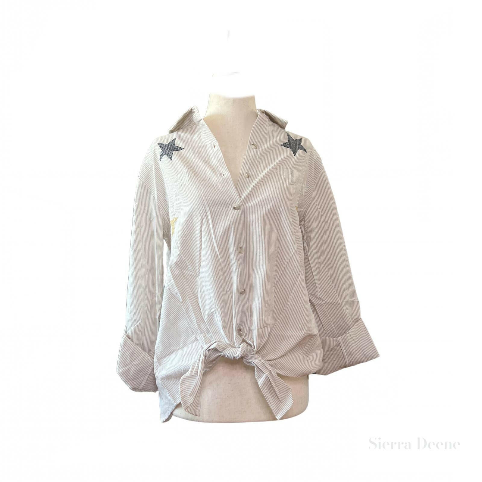 Star Embroidered Tie Front Striped Shirt for Women - Stylish Casual & Office Wear - Perfect for Work, Date Night & Everyday Outfits