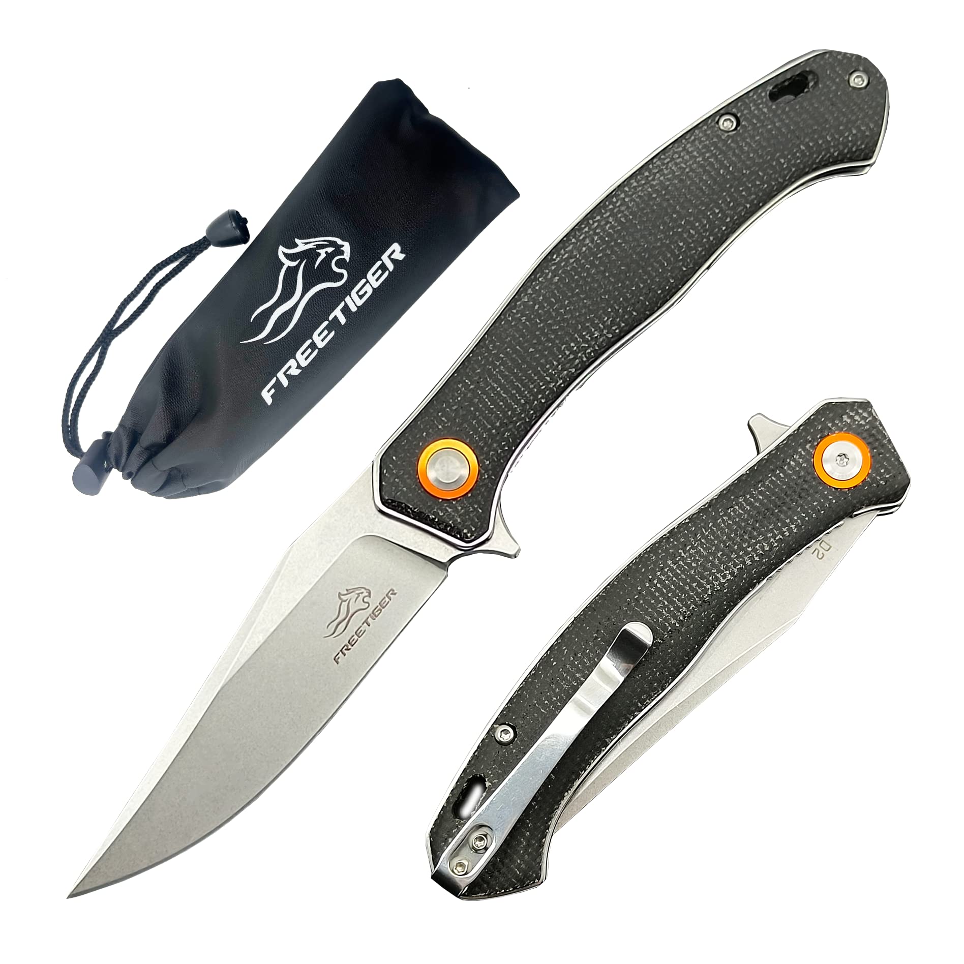FreeTiger FT-958 Tactical Folding Pocket Knife - D2 Steel Blade, Micarta Handle with Flipper Mechanism - EDC Survival Tool & Cool Gadget for Men - Perfect for Camping, Hiking & Outdoor Adventures (Black)