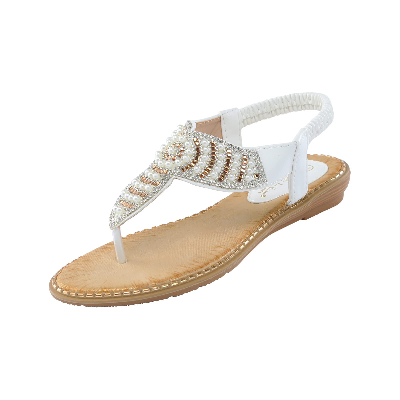 Boho Rhinestone Women's Flat Sandals - Comfortable Open Toe Elastic Ankle Strap Dress Sandals for Summer | Perfect for Beach, Vacation, and Casual Outfits