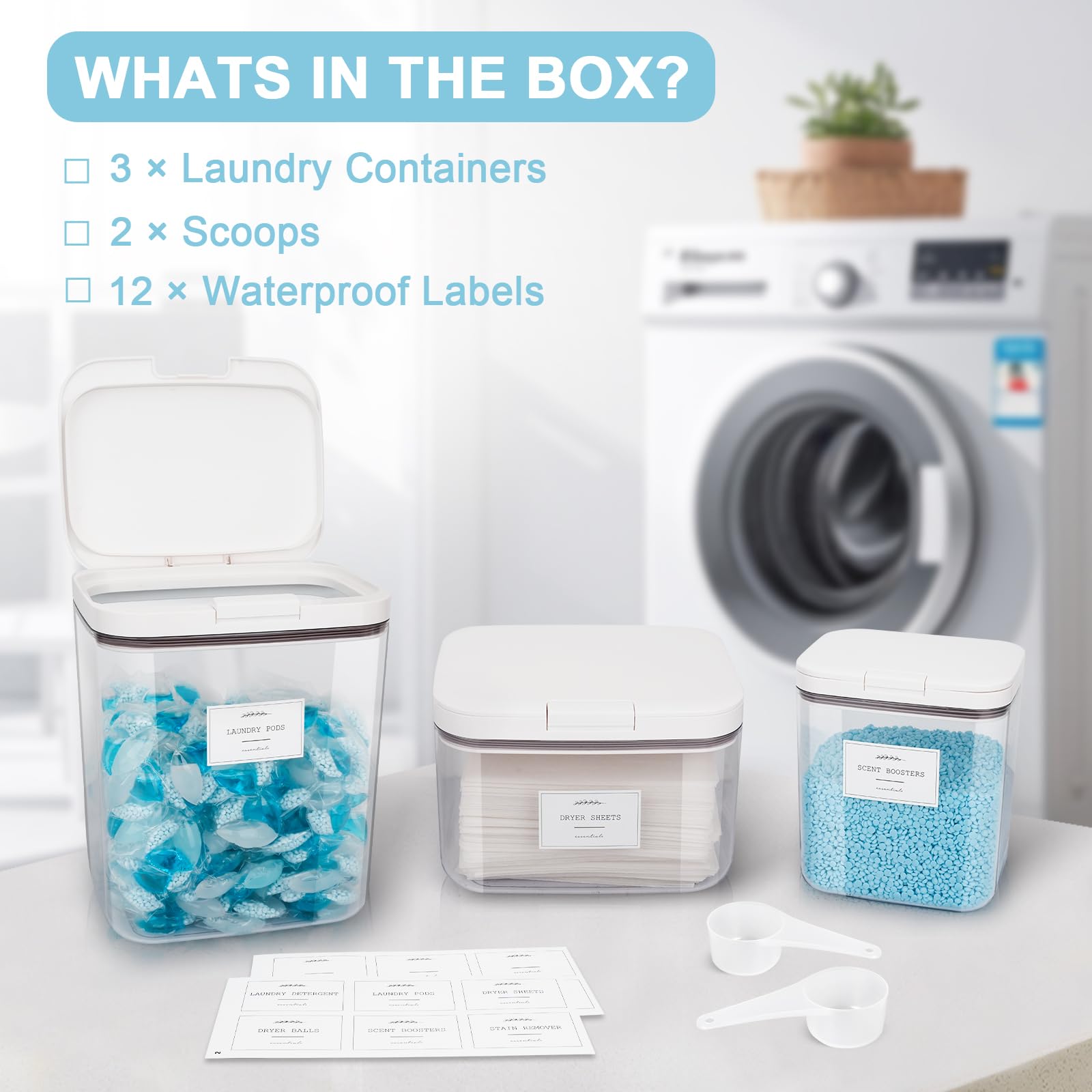 3 Pack Airtight Laundry Powder Containers & Dryer Sheet Holder with Lids & Labels - Laundry Room Organization Storage Jars for Pods, Scent Beads, Detergent Balls - Perfect for Laundry Room, Closet & Home Organization