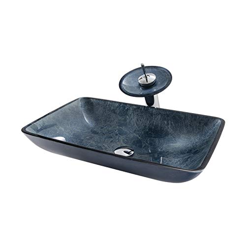 Modern Rectangular Tempered Glass Bathroom Vessel Sink with Pop-Up Drain - Artistic Above Counter Vanity Washbasin for Contemporary Bathrooms (Includes Faucet) - Perfect for Master Bath, Guest Bath & Powder Room Renovations