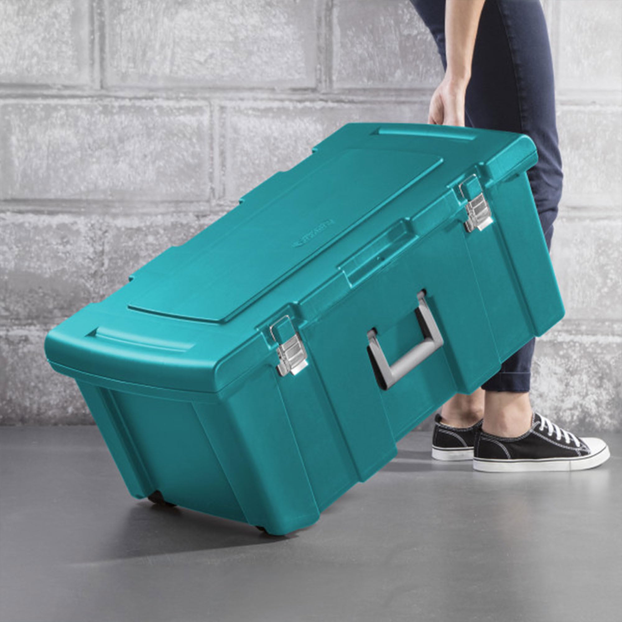 Sterilite 2-Pack Wheeled Storage Footlocker with Lock - Durable Plastic Utility Bin for Travel, Camping & Home Organization (Teal) | Perfect for College Dorms, Military Use & Sports Equipment Storage