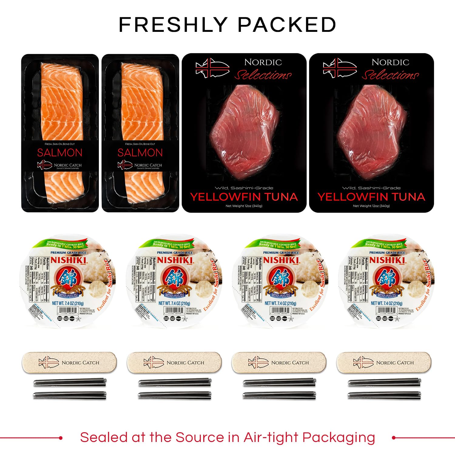Premium Sashimi-Grade Salmon & Yellowfin Tuna Bundle - Fresh, Never Frozen, Sustainably Sourced Seafood for Sushi Making | Includes 90-Second Sushi Rice & Stainless Steel Chopsticks | Perfect for Family Sushi Nights, Dinner Parties & Japanese Cuisine Lovers