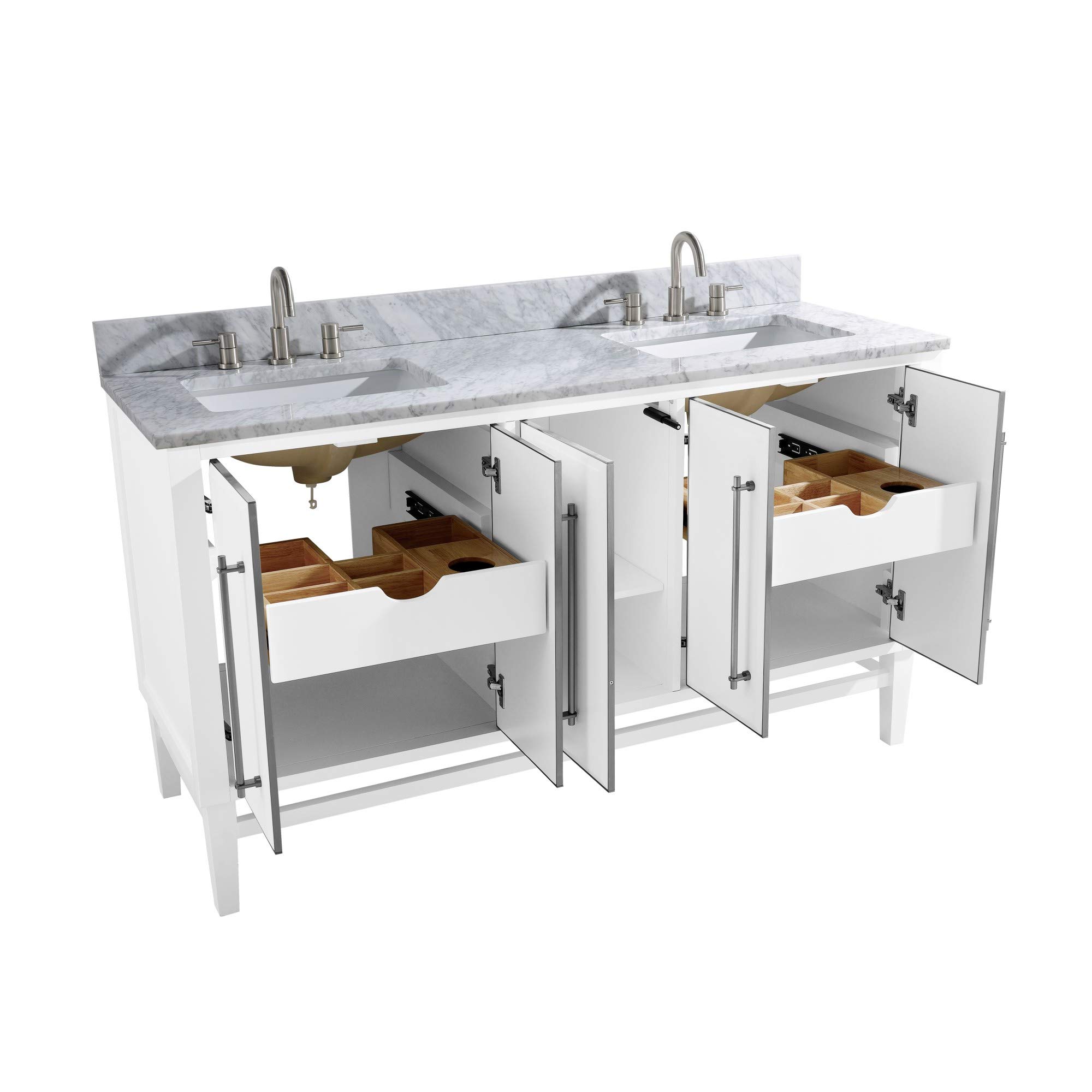 61-Inch White Bathroom Vanity Set with Silver Trim & Carrara White Marble Top - Modern Double Sink Vanity for Master Bathroom Remodel