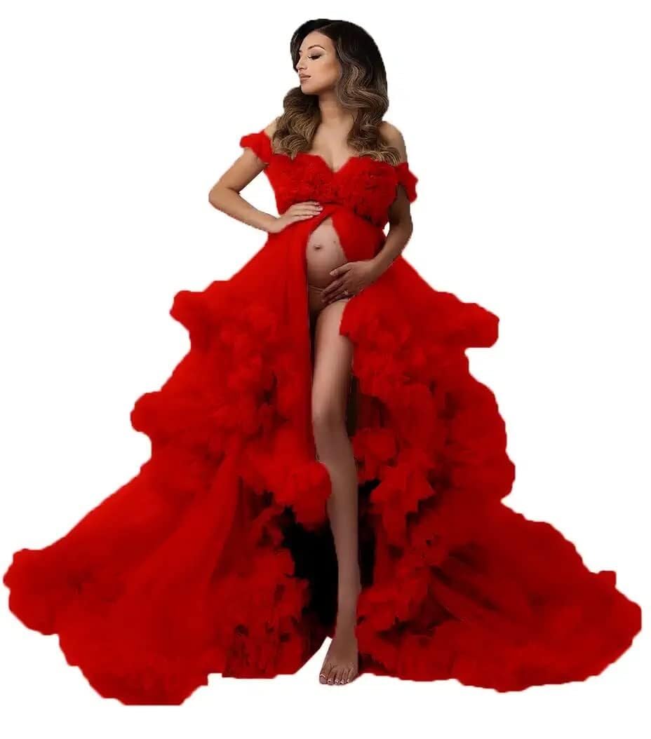 Elegant Tulle Maternity Dress for Photoshoot - Puffy Ruffles Pregnancy Gown, Sheer Baby Shower & Bridal Lingerie Robe - Perfect for Maternity Photos, Baby Showers, and Bridal Boudoir Sessions
