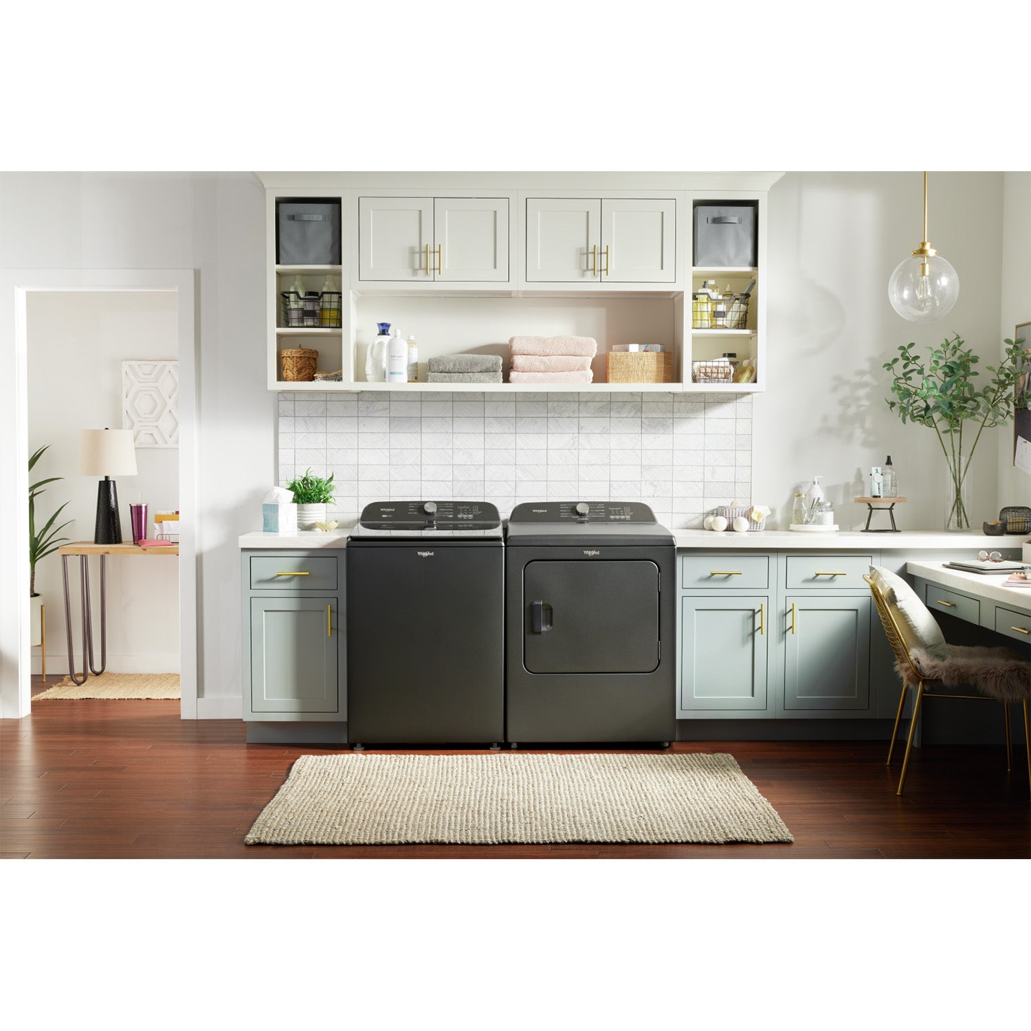 Whirlpool WTW6157PB 6.1 Cu Ft Top Load Washer & WGD6150PB 7.0 Cu Ft Gas Dryer Set in Volcano Black - Large Capacity Laundry Appliances for Family Homes